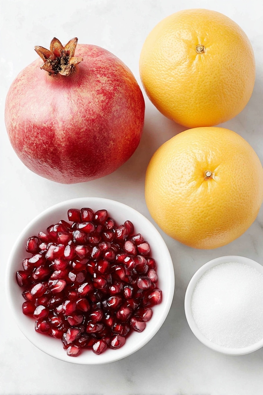Flat lay of a whole large pomegranate with deep red leathery skin, a small white ceramic bowl filled with bright red pomegranate arils glistening with juice, two large navel oranges with vibrant orange peel, two pink grapefruits showing a soft pinkish-orange rind, and a small white ceramic bowl containing fine white granulated sugar, all arranged in perfect symmetry on a clean white marble surface, soft natural light, photo taken with an iPhone, professional food photography style, fresh ingredients, white ceramic bowls, no bottles, no duplicates, no utensils, no packaging --ar 2:3 --v 7 --p m7354615311229779997 - Winter Citrus and Pomegranate Salad, citrus and pomegranate salad, healthy winter salad, refreshing citrus side dish, easy holiday salad