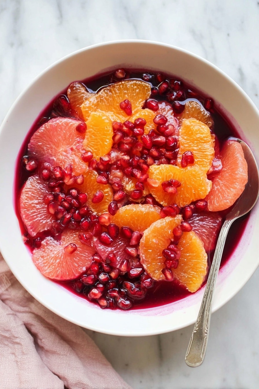 A white bowl filled with vibrant fruit layers sits on a white marbled surface. The bottom layer is a deep red juice or syrup, covering the bowl’s base. On top, there are bright orange segments and pink grapefruit pieces, both juicy and fresh. Scattered all over are shiny, ruby-red pomegranate seeds adding texture and sparkle. A silver spoon rests inside the bowl, peeking out from the right side. A soft light pink cloth is partially visible on the lower left side of the scene. Photo taken with an iphone --ar 2:3 --v 7 - Winter Citrus and Pomegranate Salad, citrus and pomegranate salad, healthy winter salad, refreshing citrus side dish, easy holiday salad
