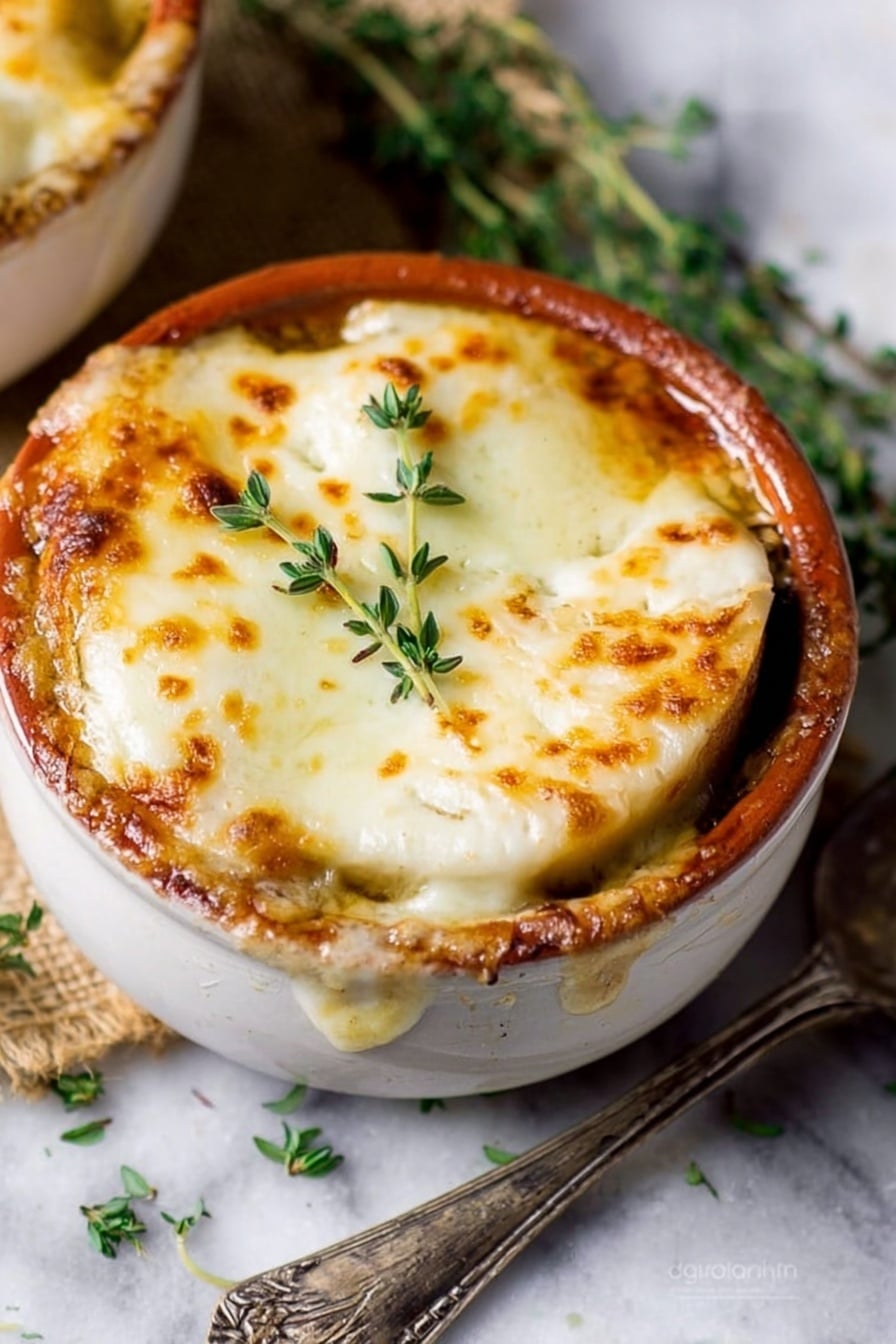 The image shows a round brown ceramic bowl filled with French onion soup. On top, there are two thick layers of melted cheese that look golden and bubbly, covering soft toasted bread underneath. The cheese is creamy white with spots of golden brown and has a smooth texture that slightly drips over the edge of the bowl. Beneath the cheese layer, dark caramelized onions in a rich broth are visible near the bowl's side. A few small green herb sprigs sit on top of the cheese, adding a fresh touch. The bowl is on a wooden surface with a silver spoon next to it against a white marbled background. Photo taken with an iphone --ar 2:3 --v 7 - Crockpot French Onion Soup with Cheese, slow cooker onion soup, easy French onion soup recipe, cheesy onion soup, comforting slow cooker soup