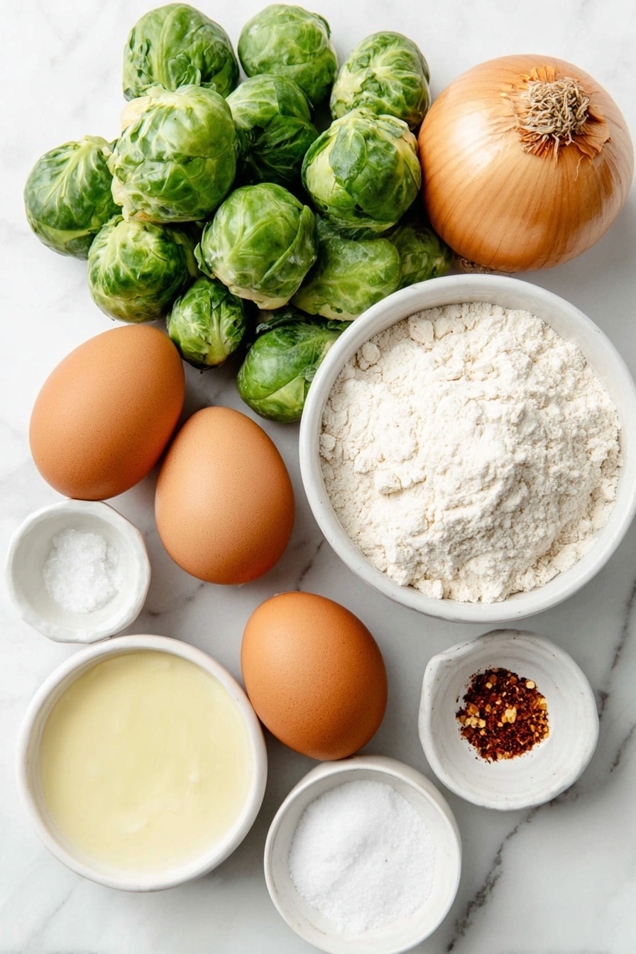 Flat lay of a small pile of fresh green Brussels sprouts, a medium sweet onion with golden brown skin, two large whole brown eggs with clean shells, a small white ceramic bowl filled with fine oat flour, a small white ceramic bowl holding coarse sea salt crystals, a small white ceramic bowl with a few fiery red pepper flakes, a small white ceramic bowl containing white baking soda powder, and a small white ceramic bowl with clear avocado oil, all arranged in perfect symmetry on a clean white marble surface, soft natural light, photo taken with an iPhone, professional food photography style, fresh ingredients, white ceramic bowls, no bottles, no duplicates, no utensils, no packaging --ar 2:3 --v 7 --p m7354615311229779997 - Baked Brussels Sprouts Latkes, Brussels Sprouts Latkes, Healthy Baked Latkes, Vegetable Latkes, Crispy Brussels Sprouts Pancakes