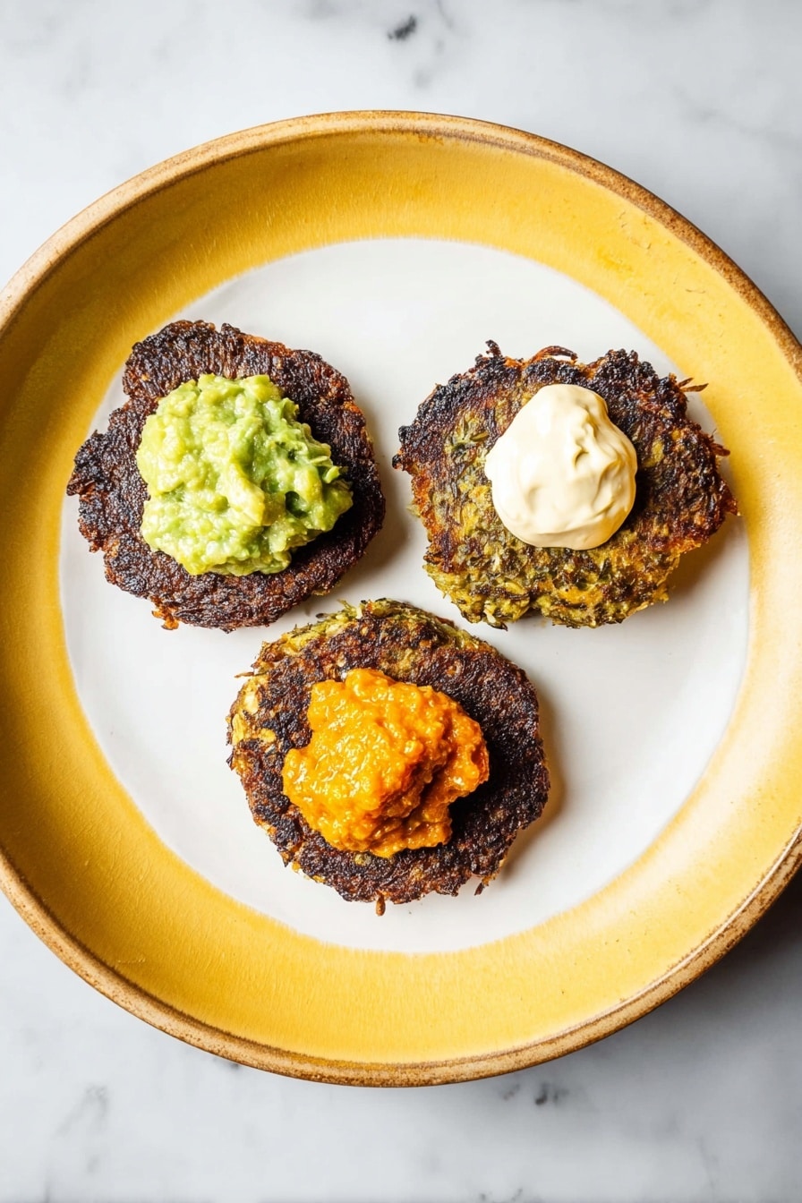 Three round, dark brown crispy patties are placed in a triangle shape on a large white plate with a yellow inside. Each patty has a different topping: the top left one has a chunky green guacamole, the top right one has a dollop of smooth white cream, and the bottom patty has a generous scoop of chunky orange sauce. The plate sits on a white marbled surface. photo taken with an iphone --ar 2:3 --v 7 - Baked Brussels Sprouts Latkes, Brussels Sprouts Latkes, Healthy Baked Latkes, Vegetable Latkes, Crispy Brussels Sprouts Pancakes