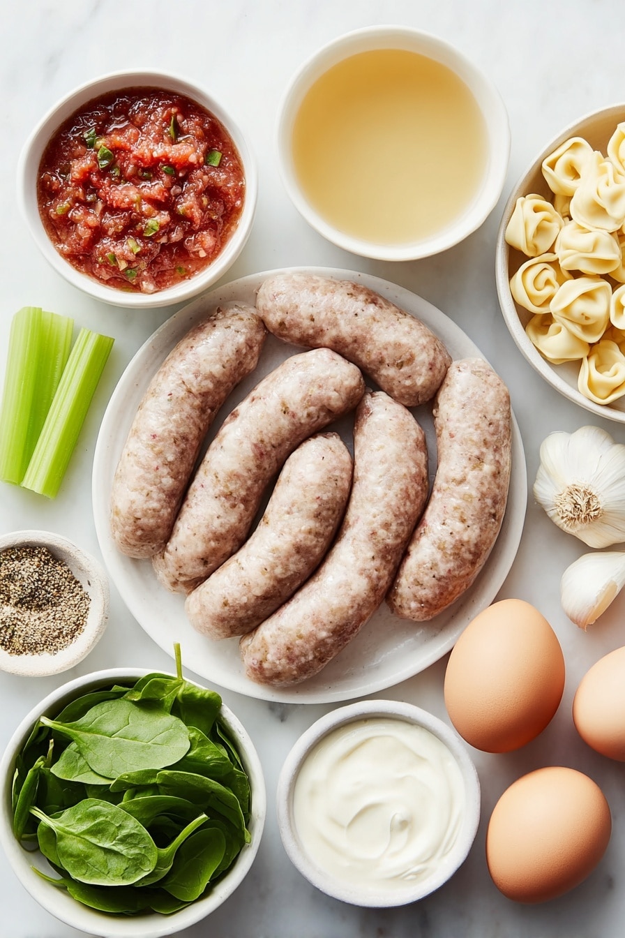 Flat lay of Italian sausage links with natural casing, a half of a medium onion finely chopped, two bright green celery sticks chopped, a small mound of white all-purpose flour, three whole cloves of garlic, a small white bowl filled with light golden chicken broth, a small white bowl of vibrant red diced tomatoes with juices, a pinch of dried Italian seasoning herbs, two generous cups of fresh cheese tortellini, a small white bowl of thick heavy cream, a packed handful of fresh baby spinach leaves, and two whole brown eggs with clean shells, all arranged symmetrically on simple white ceramic bowls and plates, placed on a clean white marble surface, soft natural light, photo taken with an iPhone, professional food photography style, fresh ingredients, white ceramic bowls, no bottles, no duplicates, no utensils, no packaging --ar 2:3 --v 7 --p m7354615311229779997 - Italian Sausage Tortellini Soup, cheesy tortellini soup, savory sausage soup, quick comforting soup, creamy tomato tortellini soup