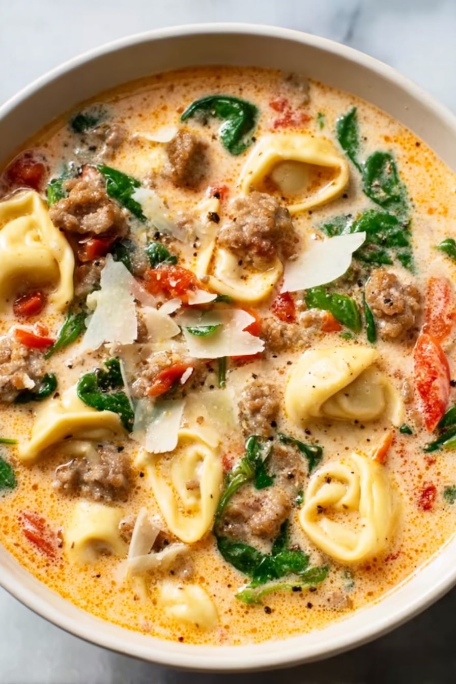 A white bowl filled with a creamy soup that has a light orange tint, layered with pieces of tortellini pasta that are pale yellow with folds. Scattered throughout are browned sausage chunks, wilted green spinach leaves, and soft red tomato pieces. Thin shavings of pale cheese float on top, partly melted into the warm soup. The bowl sits on a white marbled surface. Photo taken with an iphone --ar 2:3 --v 7 - Italian Sausage Tortellini Soup, cheesy tortellini soup, savory sausage soup, quick comforting soup, creamy tomato tortellini soup