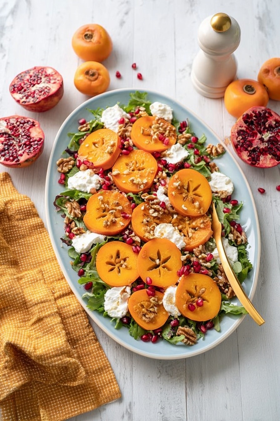 A white plate holds a fresh salad spread in layers, starting with a base of green arugula leaves scattered unevenly. On top, bright orange persimmon slices with a star pattern are laid flat in overlapping circles. Creamy white dollops of soft cheese are placed on the arugula and persimmons, creating a textured contrast. Small red pomegranate seeds are sprinkled over the dish, adding vibrant spots of color. Rough walnut pieces are scattered over everything, giving a crunchy look. A gold salad fork is set on the left edge of the plate, and two whole persimmons and pomegranate seeds rest on the white marbled surface around the plate. Photo taken with an iphone --ar 2:3 --v 7 - Persimmon Burrata Salad with Balsamic Dressing, persimmon salad, burrata cheese salad, easy fall salads, fresh fruit salad recipes