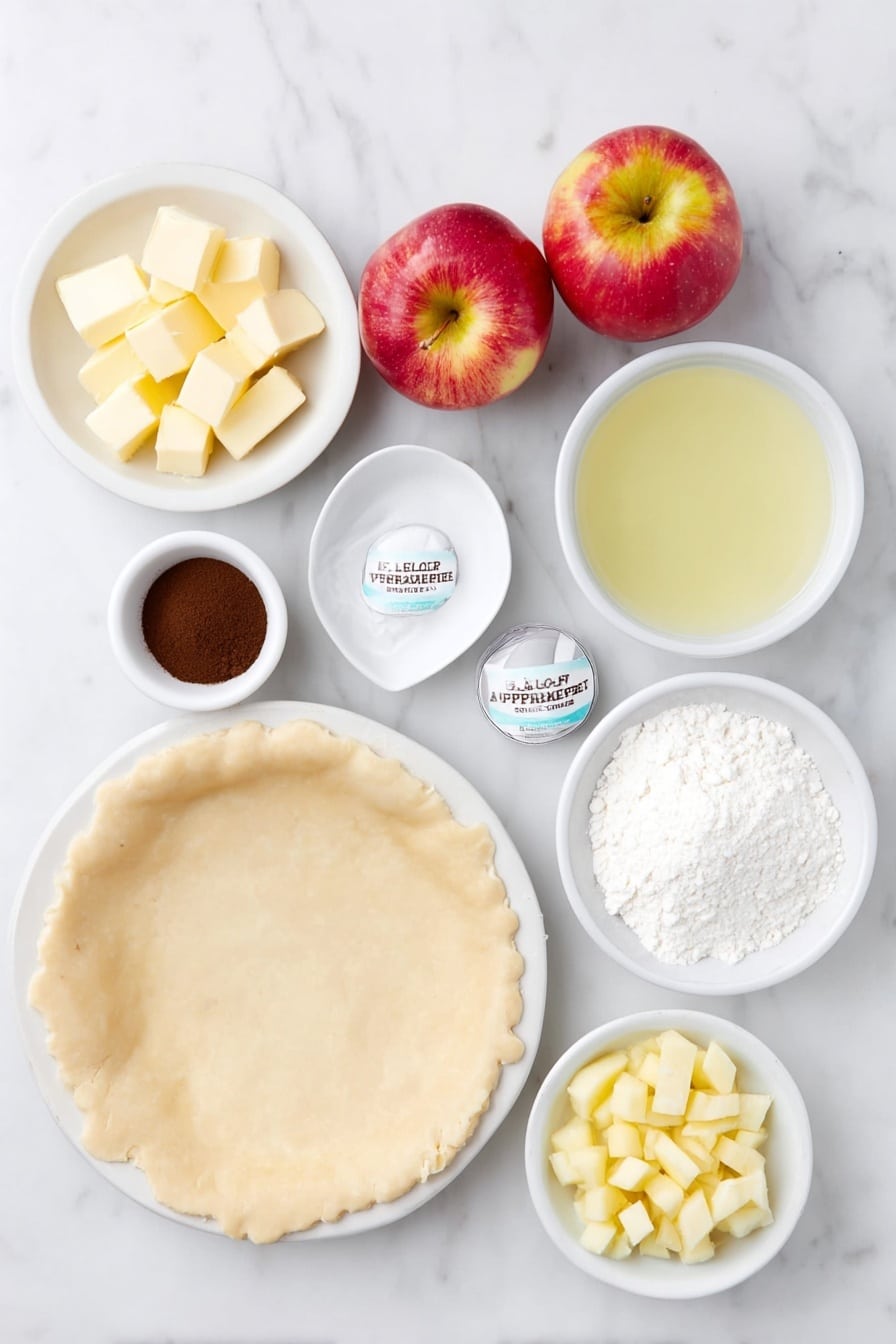 Flat lay of flaky pie dough rolled out on a simple white ceramic plate, a small mound of all-purpose flour nearby, a few small cubes of unsalted butter on a white bowl, dark brown sugar in a small white bowl, a white bowl with a blend of apple pie spices, a white bowl with clear water, a small white bowl holding freshly squeezed lemon juice, a small white bowl with vanilla extract, a few large kosher salt crystals on the side, two medium Pink Lady apples—one whole with bright red and yellow skin, the other peeled and finely diced in a neat pile on a white dish, and a small white bowl containing cornstarch, all arranged symmetrically and naturally placed on a clean white marble surface, soft natural light, photo taken with an iPhone, professional food photography style, fresh ingredients, white ceramic bowls, no bottles, no duplicates, no utensils, no packaging --ar 2:3 --v 7 --p m7354615311229779997 - Mini Apple Tarts with Flaky Pie Dough, apple tart recipe, bite-sized apple desserts, easy apple tart recipe, homemade mini apple tarts