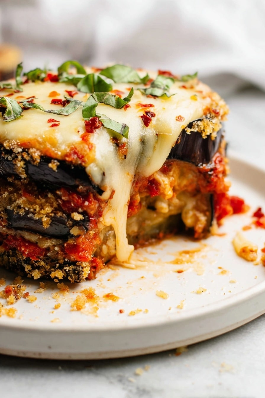 A close-up view of a layered eggplant parmesan piece on a white plate with a white marbled texture in the background. The dish has three main layers: the bottom layer is dark purple eggplant with a crispy golden-brown breadcrumb coating, the middle layer is a mix of chunky red tomato sauce and baked eggplant, and the top layer is melted light golden cheese sprinkled with fresh green basil pieces and small bits of red chili flakes. Some melted cheese strands stretch down the side, with scattered crumbs and herbs around the plate. Photo taken with an iphone --ar 2:3 --v 7 - Crispy Eggplant Parmesan Bites, eggplant appetizer recipes, baked eggplant bites, cheesy eggplant snacks, healthy eggplant appetizers