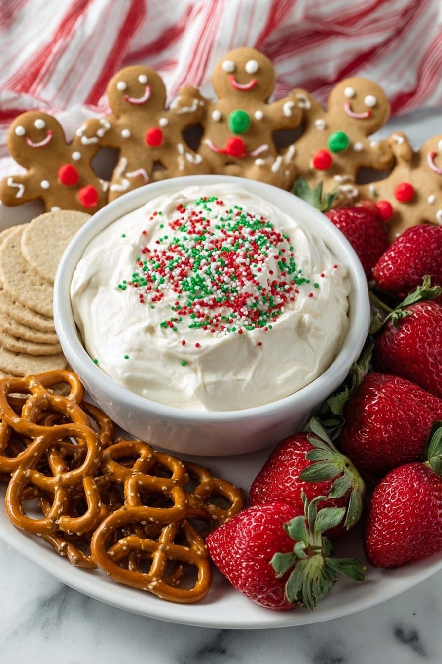 A white bowl sits in the center of a silver tray, filled with creamy white dip topped with red, green, and white Christmas-themed sprinkles. Around the bowl, there are several gingerbread man cookies with smiling faces, light brown apple slices, whole strawberries with green leaves, golden pretzels, and light brown graham crackers. The tray is placed on a white marbled surface with a red and white cloth nearby. photo taken with an iphone --ar 2:3 --v 7 - Christmas Cookie Dough Dip, festive holiday dip, no-bake Christmas dessert, easy Christmas treat, Christmas party snack