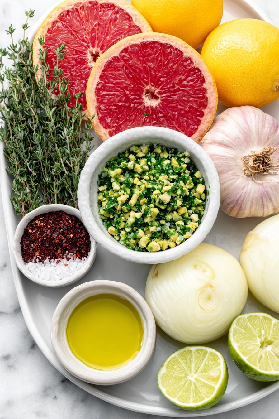 Flat lay of a variety of whole citrus fruits including blood oranges, mandarins, and grapefruits, a whole Vidalia onion with smooth pale purple skin, a few thinly sliced half-moon onion crescents arranged neatly on a large simple white ceramic platter, a small white bowl filled with roughly chopped green pistachios, three fresh thyme sprigs with tiny green leaves, a small white bowl with bright green extra virgin olive oil, a small white bowl containing freshly grated lime zest, a whole uncracked lime, a small white bowl holding coarse Maldon sea salt crystals, and a small white bowl with deep red smoked paprika powder, all arranged with perfect symmetry and balanced proportions, placed on a clean white marble surface, soft natural light, photo taken with an iPhone, professional food photography style, fresh ingredients, white ceramic bowls, no bottles, no duplicates, no utensils, no packaging --ar 2:3 --v 7 --p m7354615311229779997 - Spicy Citrus Salad with Pistachios, citrus salad with pistachios, spicy citrus fruit salad, quick healthy citrus salad, flavorful pistachio salad