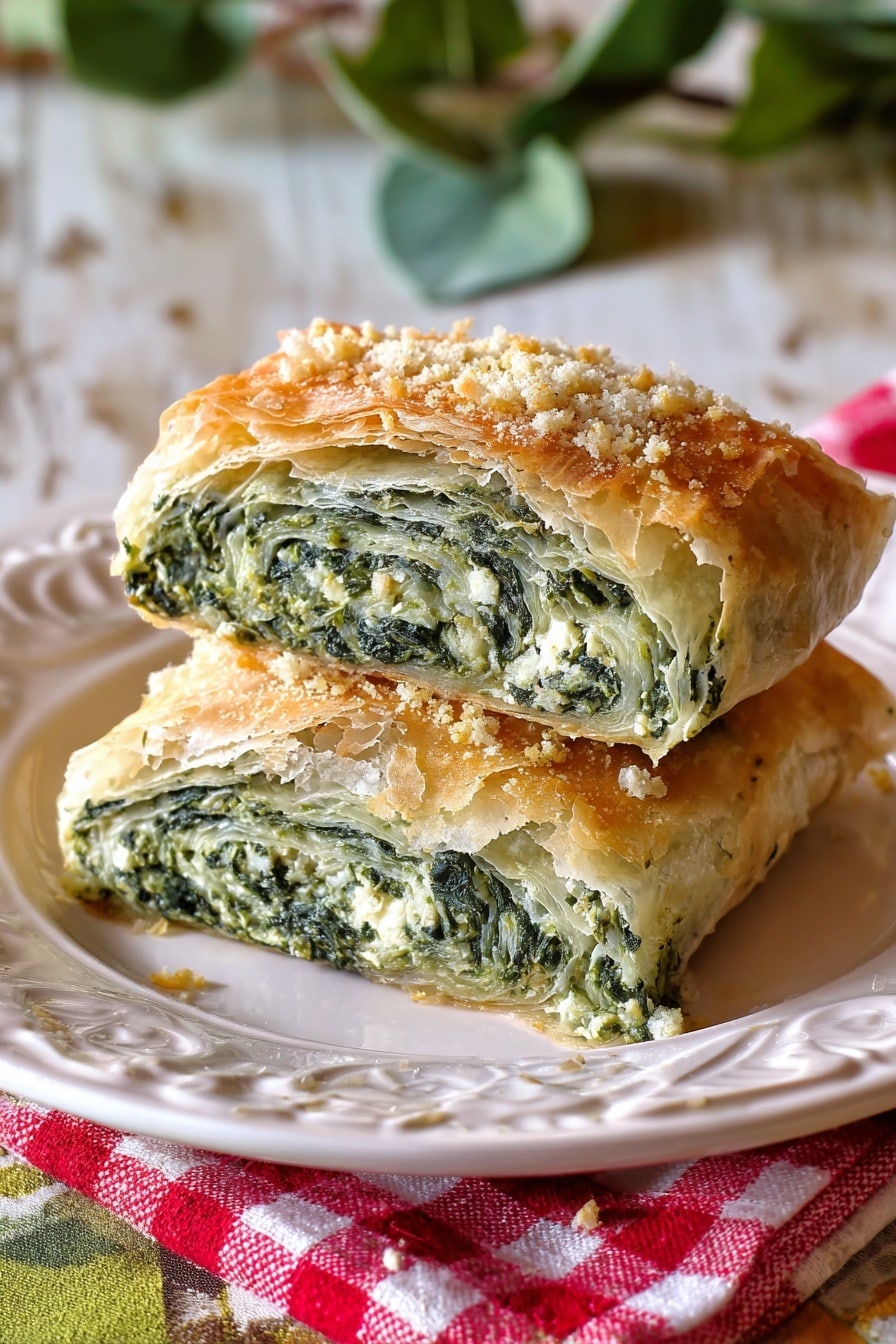 Two rectangular pieces of layered spinach pie are stacked on a white plate with a raised decorative pattern. Each piece has a top layer of light golden, flaky pastry with small sprinklings of coarsely ground spices or cheese, giving it a slightly textured look. Beneath the top crust, the filling is bright green with creamy white swirls, showing a dense, moist mixture of spinach and cheese. The edges are neatly folded, and the bottom crust is lightly browned but soft. The plate rests on a white marbled surface with some green leaves blurred in the background. Photo taken with an iphone --ar 2:3 --v 7 - Spinach Ricotta Rolls, vegetarian stuffed pastry, flaky phyllo appetizer, cheesy spinach rolls, easy Spinach Ricotta Rolls