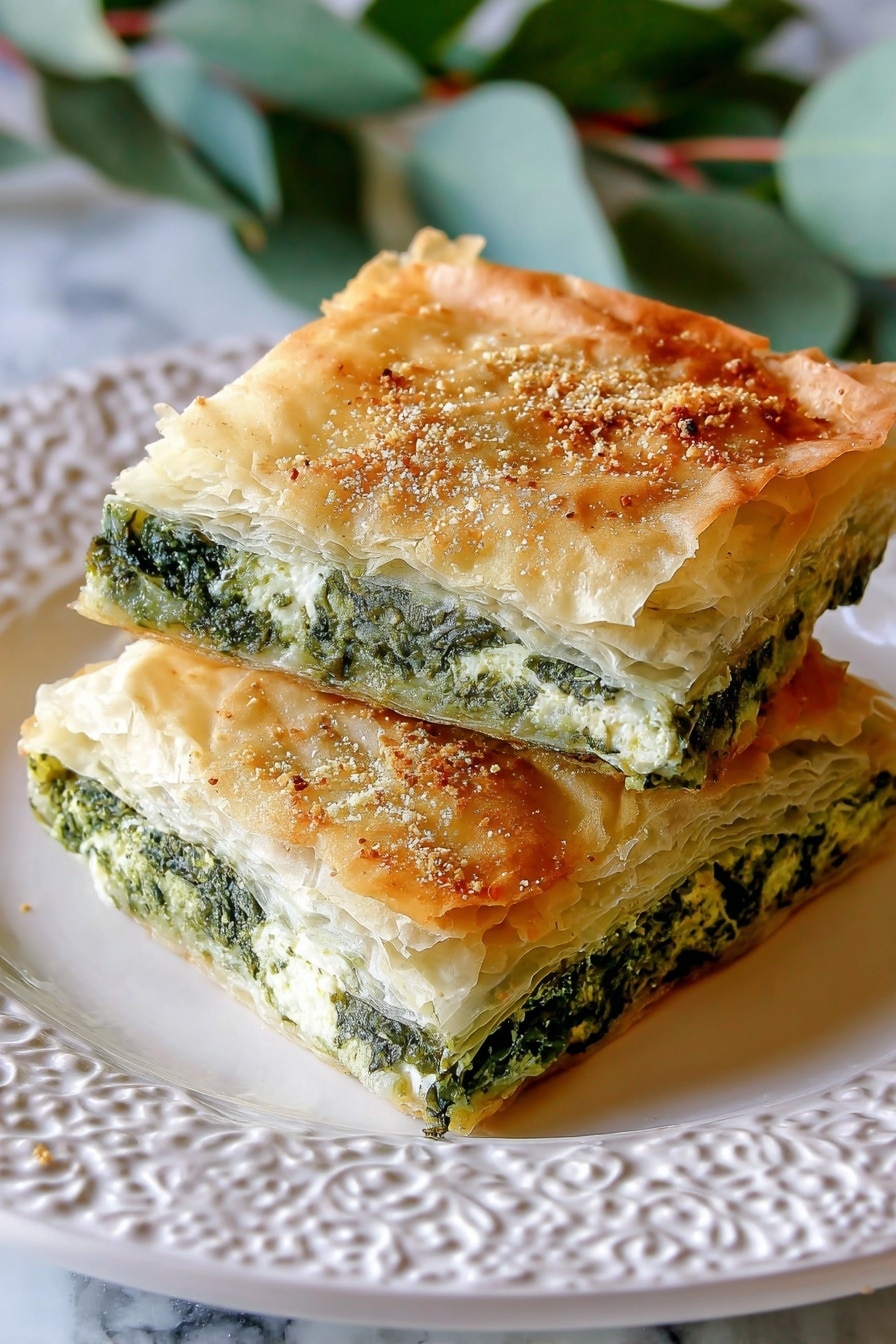 A close-up view of two thick slices of spinach and cheese pastry stacked on a white plate with a decorative rim. The pastry has a flaky, light brown top layer covered with a sprinkling of grated cheese or breadcrumbs, giving it a slightly rough texture. Inside, the filling is layered with dark and light green spinach mixed with creamy white cheese, creating a swirled, soft texture. The pastry base is thin and golden brown, supporting the dense, moist filling. The background shows soft green and purple blurred elements, all set on a white marbled surface. Photo taken with an iphone --ar 2:3 --v 7 - Spinach Ricotta Rolls, vegetarian stuffed pastry, flaky phyllo appetizer, cheesy spinach rolls, easy Spinach Ricotta Rolls