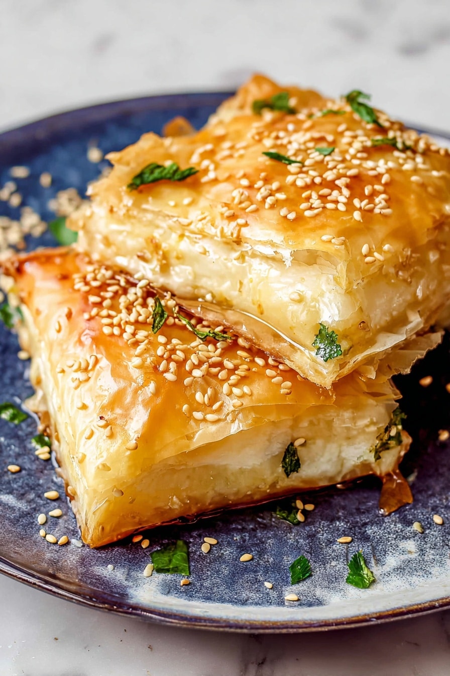 Two square pieces of golden, flaky pastry sit on a white plate with a marbled texture, topped with shiny honey glaze and sprinkled with toasted sesame seeds and small green herb leaves. The top layer is crisp and slightly cracked, showing some thin edges peeling up, while the inside layer reveals a soft, creamy white filling. Loose sesame seeds scatter around the plate, adding texture, and the plate rests on a white marbled surface. Photo taken with an iphone --ar 2:3 --v 7 - Baked Feta in Crispy Phyllo with Honey, crispy feta appetizer, savory honey feta bites, easy baked feta dish, Greek-inspired feta appetizer