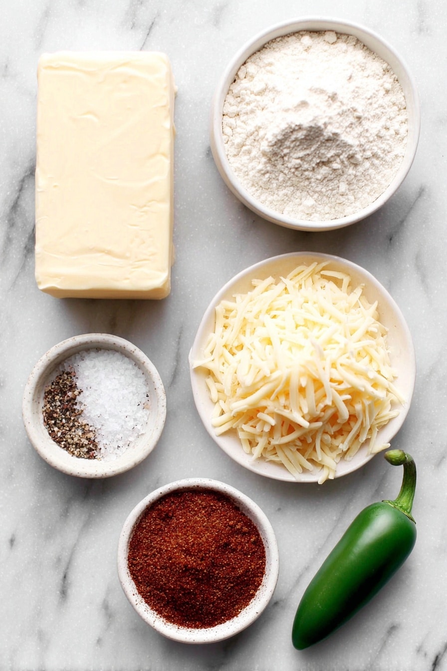 Flat lay of a stick of unsalted butter, a small mound of shredded sharp cheddar cheese, a small white ceramic bowl filled with all-purpose flour, a small white ceramic bowl containing coarse salt, a small white ceramic bowl with vibrant red chipotle powder, a fresh green jalapeño pepper whole, a small white ceramic bowl holding ground black pepper, and a tiny white ceramic dish with flaked sea salt crystals, all arranged in perfect symmetry on a clean white marble surface, soft natural light, photo taken with an iPhone, professional food photography style, fresh ingredients, white ceramic bowls, no bottles, no duplicates, no utensils, no packaging --ar 2:3 --v 7 --p m7354615311229779997 - Chipotle Cheddar Crackers, smoky cheddar cheese crackers, spicy cheese crackers, easy homemade snack, savory cracker recipes