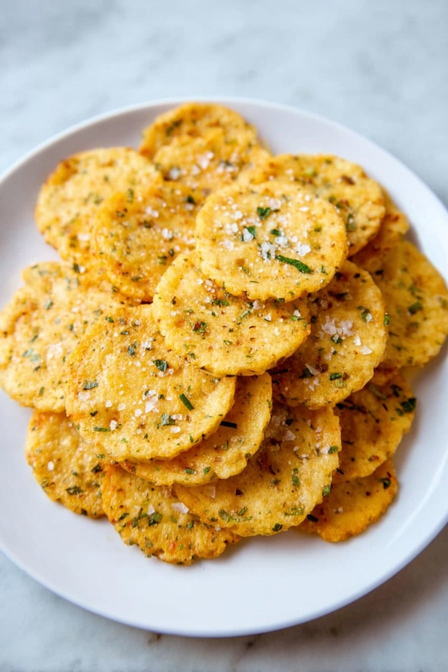 A white plate holds a pile of small round crackers with a golden-yellow color. Each cracker is thin and has a rough texture with tiny green herb bits spread throughout. The crackers are stacked unevenly, some overlapping others, and have coarse sea salt crystals sprinkled on top, which add white specks. The plate is set on a white marbled surface. photo taken with an iphone --ar 2:3 --v 7 - Chipotle Cheddar Crackers, smoky cheddar cheese crackers, spicy cheese crackers, easy homemade snack, savory cracker recipes