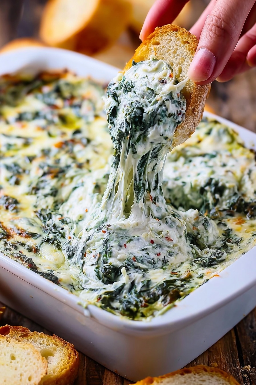 A white square dish is filled with creamy spinach dip that has a rich white color mixed with dark green spinach leaves and bits of melted light yellow cheese throughout. A woman's hand holding a piece of light brown crusty bread is dipping into the thick, stringy spinach dip, stretching the creamy mixture upwards. The dish is placed on a wooden surface with slices of bread blurred in the background. The creamy texture of the dip looks smooth and soft, with vibrant green spinach pieces scattered evenly. photo taken with an iphone --ar 2:3 --v 7 - Easy Baked Spinach Dip, spinach dip appetizer, cheesy spinach dip, quick spinach dip recipe, baked spinach dip for parties