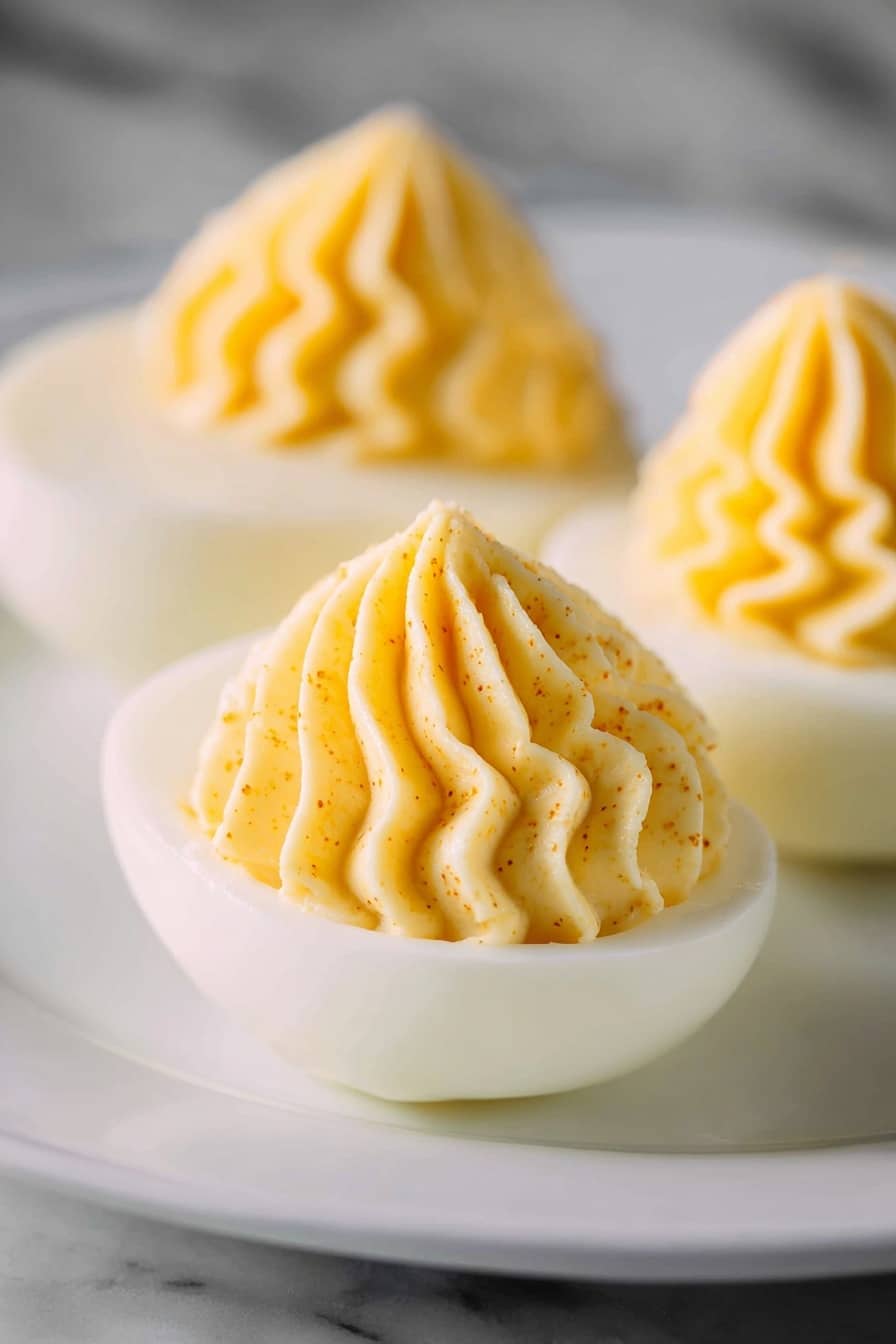The image shows three deviled eggs on a white plate, each with a smooth white egg white base and a creamy yellow filling on top. The filling is piped in a decorative, ridged swirl with fine lines and small specks visible inside, giving a textured look. The eggs are arranged in a slight diagonal, with the closest egg in clear focus and the other two softly blurred in the background over a white marbled surface. The lighting highlights the creamy texture and soft shadows around the eggs, showing the delicate curves of the yolk mixture photo taken with an iphone --ar 2:3 --v 7 - Creamy Deviled Eggs, Deviled Eggs Recipe, Easy Deviled Eggs, Classic Deviled Eggs, Refreshing Egg Appetizers