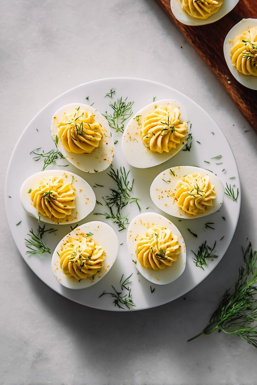 The image shows a white round plate on a white marbled surface. On the plate, there are six deviled egg halves arranged in a circle. Each deviled egg has a smooth white egg white base and a creamy, swirled yellow yolk filling on top, garnished with small green dill pieces sprinkled over and around the eggs. To the right side of the plate, there are three more deviled eggs partially visible on the same white marbled surface. Bright, natural light highlights the smooth textures and fresh garnishes, giving the dish a clean and appetizing look. Photo taken with an iphone --ar 2:3 --v 7 - Creamy Deviled Eggs, Deviled Eggs Recipe, Easy Deviled Eggs, Classic Deviled Eggs, Refreshing Egg Appetizers