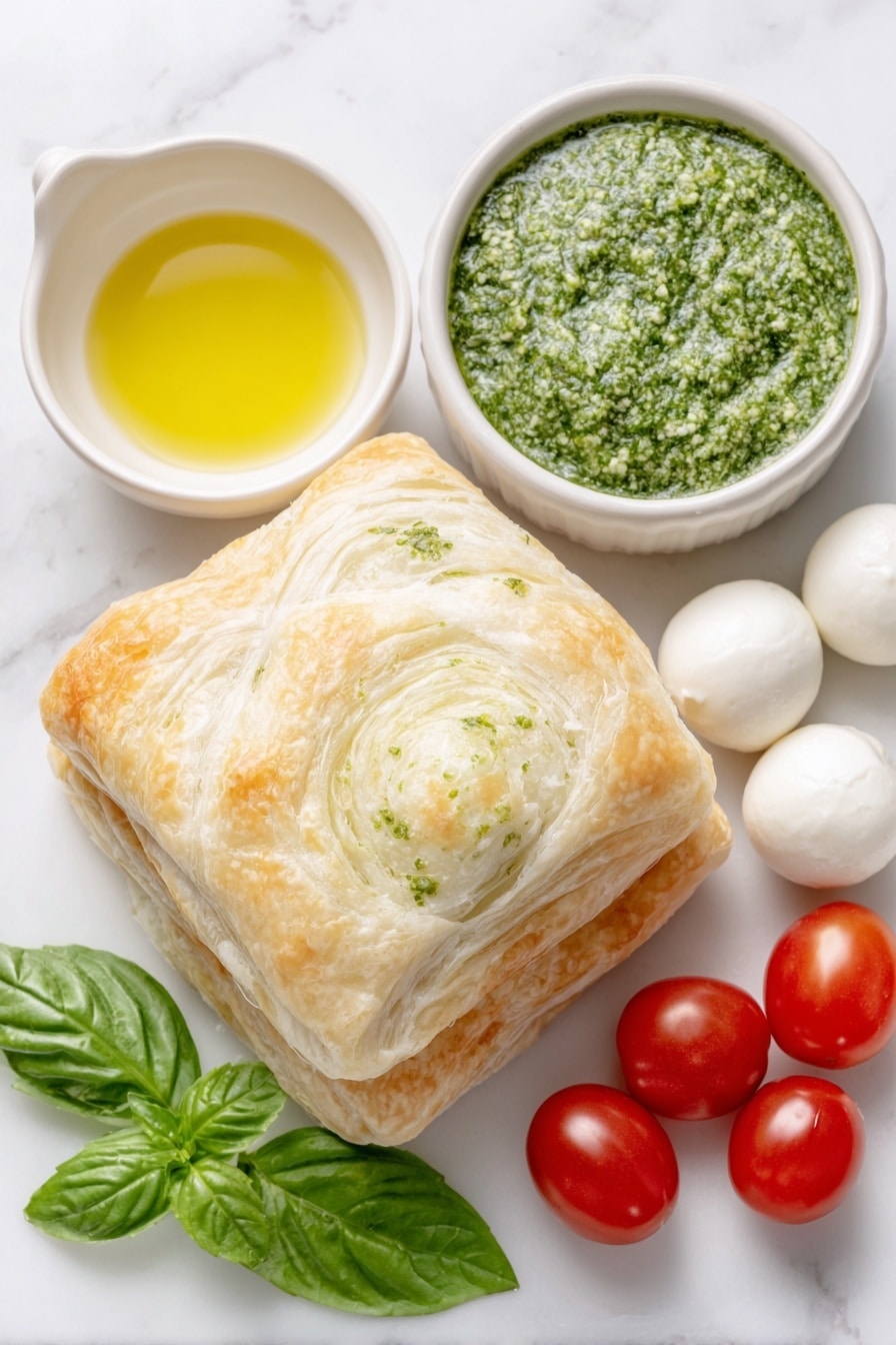 Flat lay of two sheets of fresh golden puff pastry neatly stacked, a small white ceramic bowl of vibrant green basil pesto, a few small balls of soft white mozzarella cheese, a cluster of bright red cherry tomatoes, a small white bowl containing clear melted butter, and a few bright green fresh basil leaves artfully arranged, placed on a clean white marble surface, soft natural light, photo taken with an iPhone, professional food photography style, fresh ingredients, white ceramic bowls, no bottles, no duplicates, no utensils, no packaging --ar 2:3 --v 7 --p m7354615311229779997 - Puff Pastry Christmas Tree Appetizer, festive holiday appetizer, easy Christmas party snack, puff pastry holiday recipe, Christmas appetizer ideas