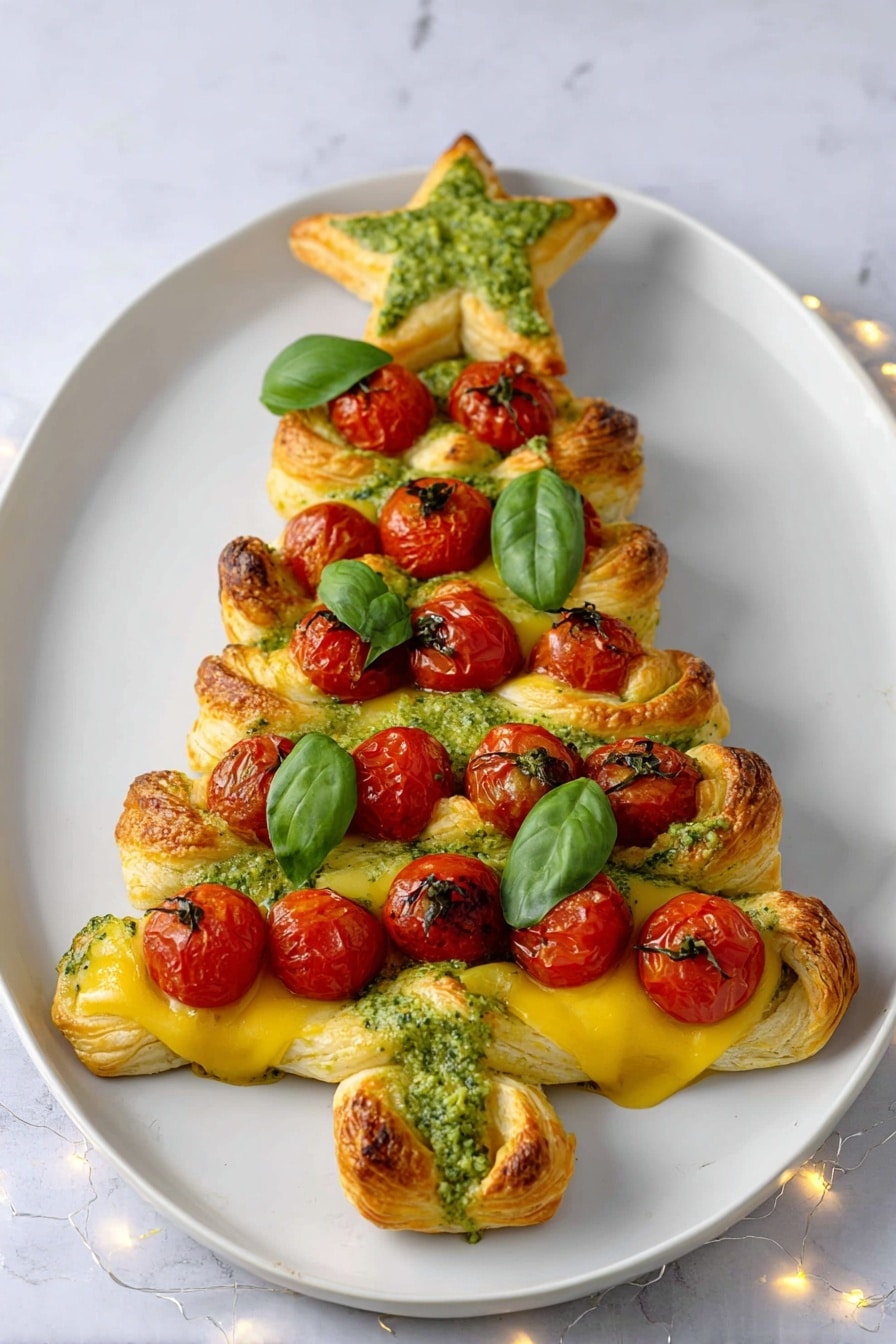 The dish is shaped like a Christmas tree on a white plate with a white marbled surface background. It has three main layers: the bottom and middle layers are made of golden brown puff pastry twisted into branches with a light green pesto sauce drizzled on top. The center layer is a smooth, bright yellow melted cheese base. Bright red cherry tomatoes are placed in vertical rows in the middle and among the branches, and fresh green basil leaves are scattered evenly on top for decoration. At the top of the tree is a star-shaped puff pastry piece with green pesto sauce in the center. Photo taken with an iphone --ar 2:3 --v 7 - Puff Pastry Christmas Tree Appetizer, festive holiday appetizer, easy Christmas party snack, puff pastry holiday recipe, Christmas appetizer ideas