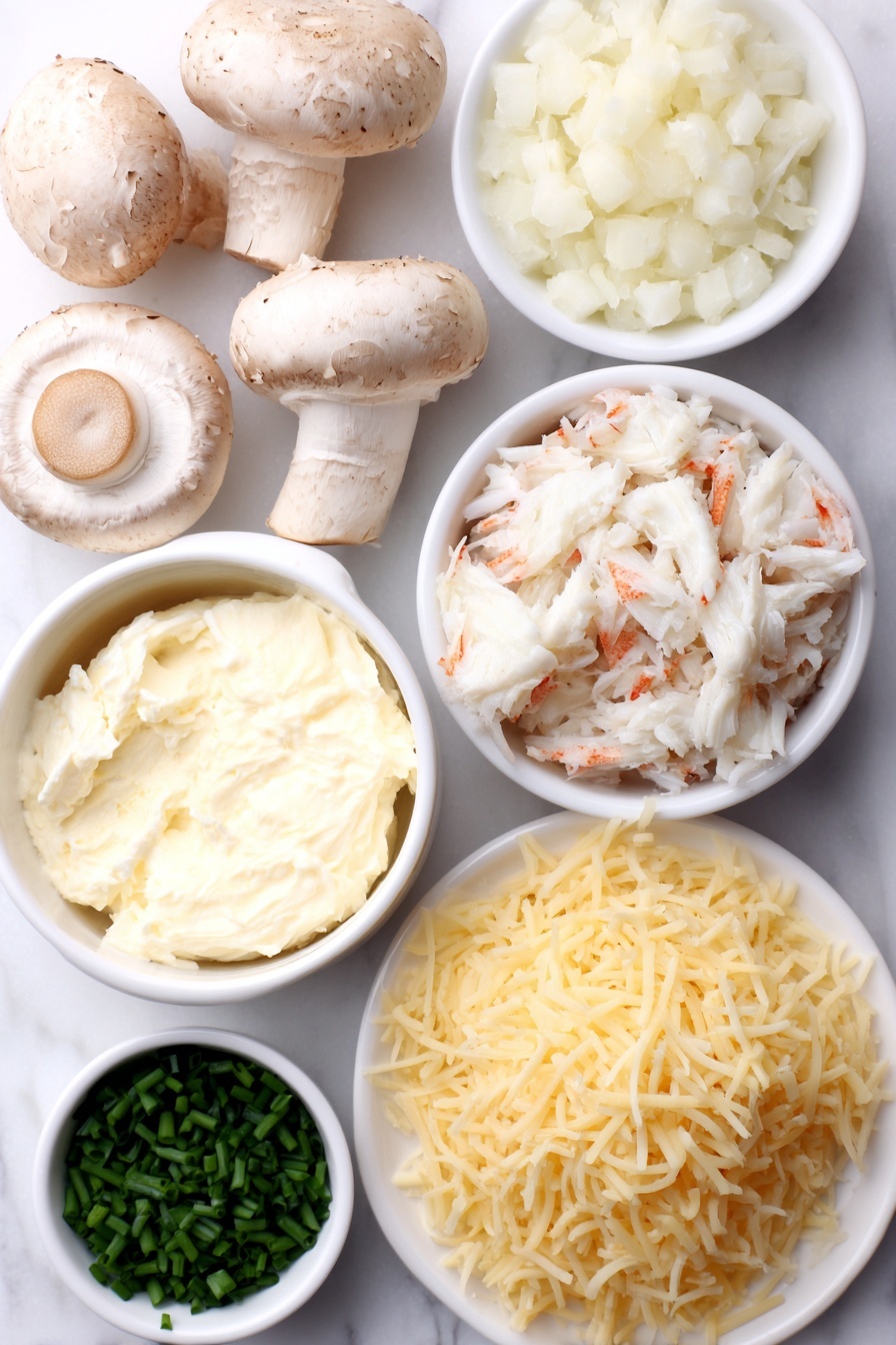 Flat lay of fresh whole white button mushrooms with stems removed, a small pat of creamy butter, finely diced white onion in a small white bowl, minced garlic cloves beside the bowl, fresh lump crab meat arranged delicately on a white ceramic plate, a small white bowl of softened cream cheese, shredded Monterey Jack cheese loosely piled on a white dish, finely grated Parmesan cheese in a tiny white bowl, a few vibrant green sliced chives scattered neatly on the surface, and a small white bowl of golden panko breadcrumbs, all arranged symmetrically on a clean white marble surface, soft natural light, photo taken with an iPhone, professional food photography style, fresh ingredients, white ceramic bowls, no bottles, no duplicates, no utensils, no packaging --ar 2:3 --v 7 --p m7354615311229779997 - Crab Stuffed Mushrooms, stuffed mushroom appetizers, seafood appetizer recipes, elegant party appetizers, easy crab mushroom bites