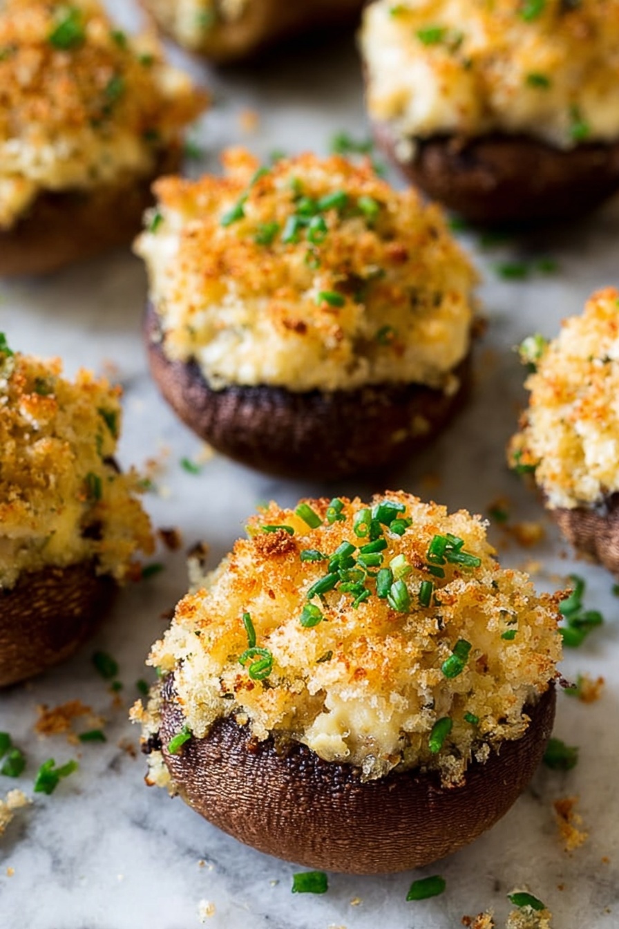 This image shows close-up stuffed mushrooms placed on a white marbled surface. Each mushroom has a dark brown base that is hollowed out and filled with a thick, creamy light beige filling. On top of the filling, there is a golden brown, crunchy breadcrumb layer with a rough texture. Small bright green chopped chives are sprinkled over the breadcrumbs, adding a fresh pop of color. The mushrooms are arranged closely together, showing a warm, baked look with slight browning on the crumbs. photo taken with an iphone --ar 2:3 --v 7 - Crab Stuffed Mushrooms, stuffed mushroom appetizers, seafood appetizer recipes, elegant party appetizers, easy crab mushroom bites