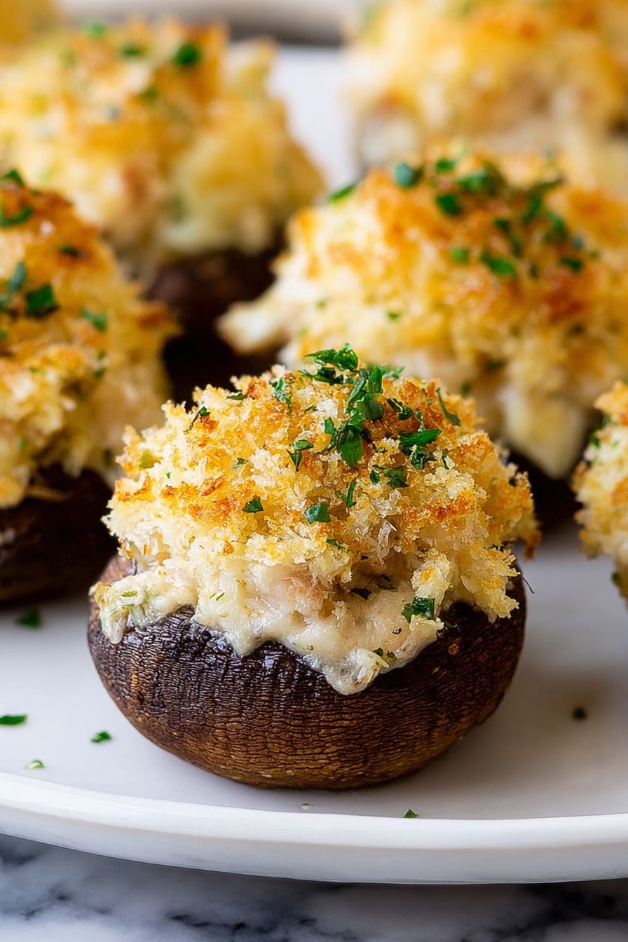 The image shows several stuffed mushrooms on a white plate against a white marbled surface. Each mushroom has a dark brown cap as the base layer, topped with a light creamy filling that looks soft and slightly stringy. On top of this filling, there is a layer of golden brown crispy breadcrumbs, sprinkled with small pieces of green herbs. The mushrooms are close together, with one in the front sharply in focus and the others softly blurred behind it. Photo taken with an iphone --ar 2:3 --v 7 - Crab Stuffed Mushrooms, stuffed mushroom appetizers, seafood appetizer recipes, elegant party appetizers, easy crab mushroom bites