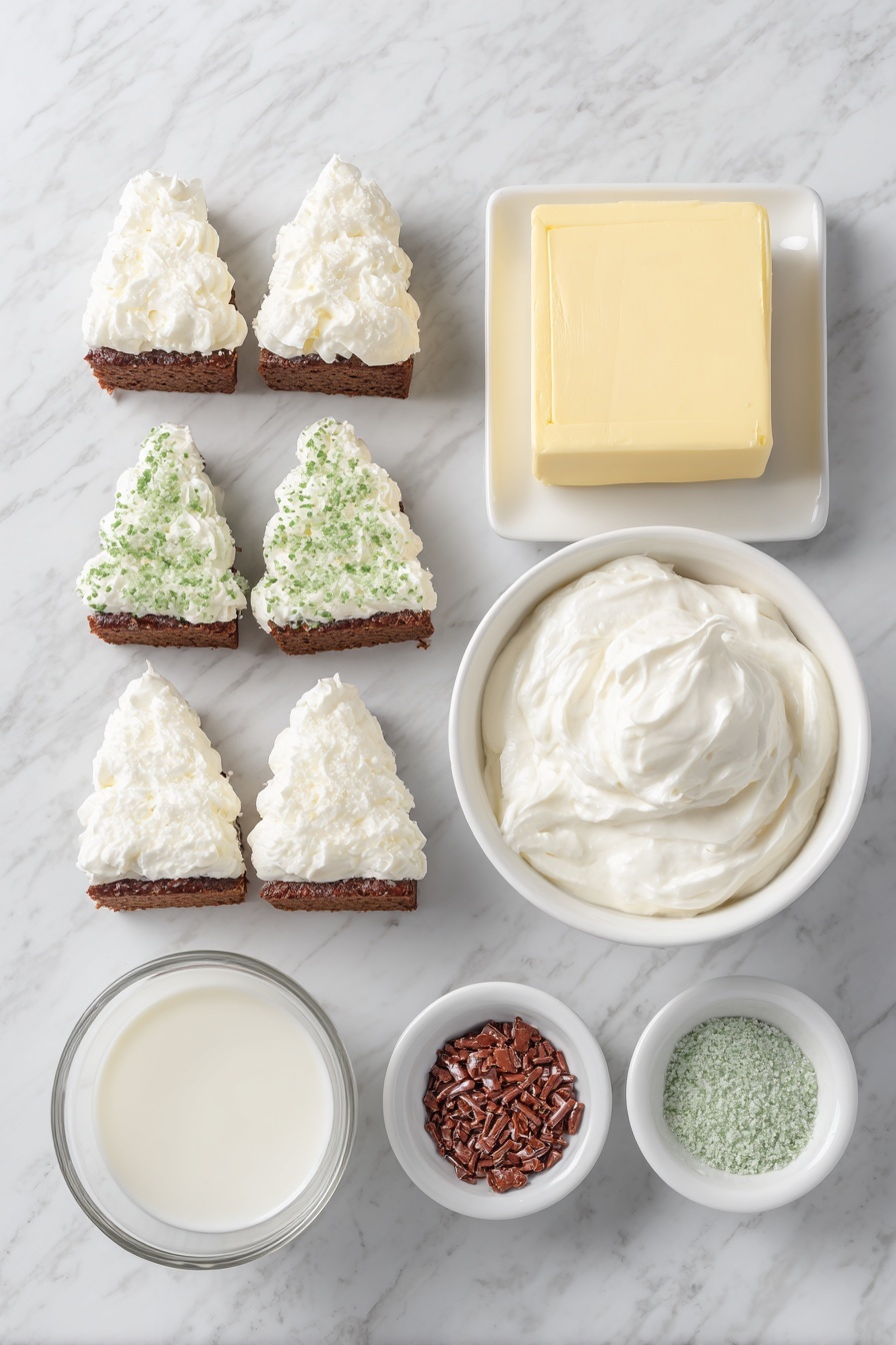 Flat lay of five small rectangular snack cakes decorated like Christmas trees with green and white frosting, one extra snack cake placed upright, a block of smooth cream cheese, a small white bowl filled with white cool whip, a tiny white bowl with clear milk, a tiny white bowl holding fine red sugar sprinkles, and another tiny white bowl with fine green sugar sprinkles, all arranged symmetrically and evenly spaced on a clean white marble surface, soft natural light, photo taken with an iPhone, professional food photography style, fresh ingredients, white ceramic bowls, no bottles, no duplicates, no utensils, no packaging --ar 2:3 --v 7 --p m7354615311229779997 - Christmas Tree Snack Cake Dip, holiday dessert dip, festive snack recipes, easy Christmas treats, holiday party dip