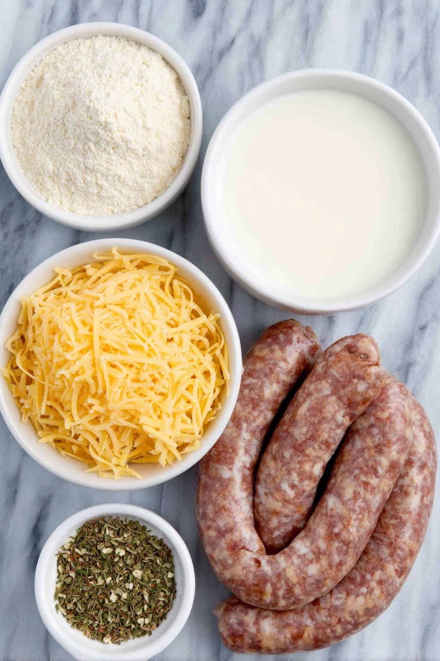 Flat lay of a small mound of pale beige Bisquick baking mix, a raw raw pork sausage link coiled loosely, a small white ceramic bowl filled with creamy milk, grated sharp cheddar cheese piled in a neat heap with vibrant deep orange and pale yellow shreds, and a small white ceramic bowl containing mixed dried Italian seasoning herbs in green and brown hues, all arranged symmetrically on a clean white marble surface, soft natural light, photo taken with an iPhone, professional food photography style, fresh ingredients, white ceramic bowls, no bottles, no duplicates, no utensils, no packaging --ar 2:3 --v 7 --p m7354615311229779997 - Easy Bisquick Sausage Balls, sausage balls appetizer, cheesy sausage bites, easy party snacks, quick sausage appetizers