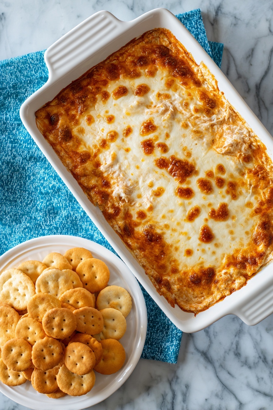 A white rectangular baking dish filled with a baked dip that has a golden brown and slightly crispy cheese layer on top. The dip’s surface looks bubbly and uneven with some darker browned spots, showing a textured melted cheese crust. Next to the dish on a white plate sit different kinds of light orange and tan crackers, some round and some square, placed on a white marbled surface with a blue cloth underneath the baking dish. Photo taken with an iphone --ar 2:3 --v 7 - Spicy Maryland Crab Dip, Maryland crab dip, spicy crab dip, Chesapeake Bay seafood dip, crab dip with Old Bay seasoning
