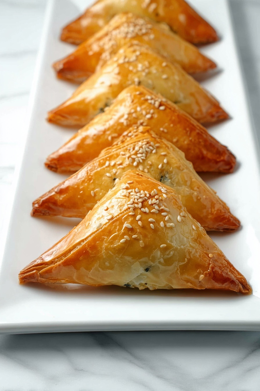 A line of six triangular pastries with a shiny golden-brown crust is placed on a white rectangular plate. Each pastry is topped with a few scattered sesame seeds and shows slight cracks on the surface, suggesting a flaky texture. The pastries are arranged from the front to the back in a neat row, and the plate sits on a white marbled surface. The lighting highlights the glossy finish and soft texture of the pastry crust photo taken with an iphone --ar 2:3 --v 7 - Easy Spinach Spanakopita Triangles, Greek savory snacks, flaky phyllo pastry recipes, spinach and cheese appetizers, bite-sized Greek treats