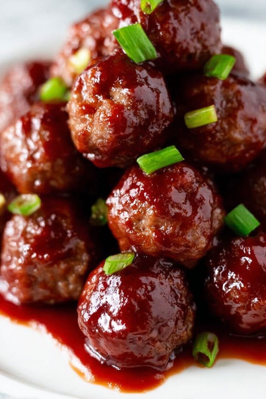 A close-up of many small round meatballs stacked on a white plate, each meatball coated in a thick, shiny dark red sauce that looks sticky and rich. Small pieces of bright green chopped scallions are scattered on and around the meatballs, adding contrast. The sauce pools around the base of the meatballs, enhancing the glossy texture. The background is a white marbled surface. photo taken with an iphone --ar 2:3 --v 7 - Crockpot BBQ Meatballs, easy BBQ meatballs, slow cooker meatballs, sweet grape jelly meatballs, party appetizer recipes