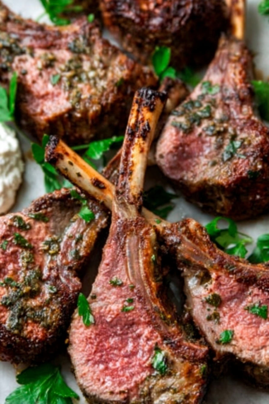 A white plate holds multiple cooked lamb chops arranged closely with their bones pointing outward, showing a mix of brown and pink tones on the meat with a textured herb coating on the surface. The lamb chops are thick with a juicy, tender interior and slightly crispy edges. Small green parsley leaves are scattered around the plate, adding a fresh contrast. In the background, there is a white bowl containing a white sauce with small green herb pieces, all set on a white marbled surface. Photo taken with an iphone --ar 2:3 --v 7 - Garlic Herb Rack of Lamb Roast, rack of lamb recipe, roasted lamb with herbs, easy lamb dinner, elegant holiday lamb