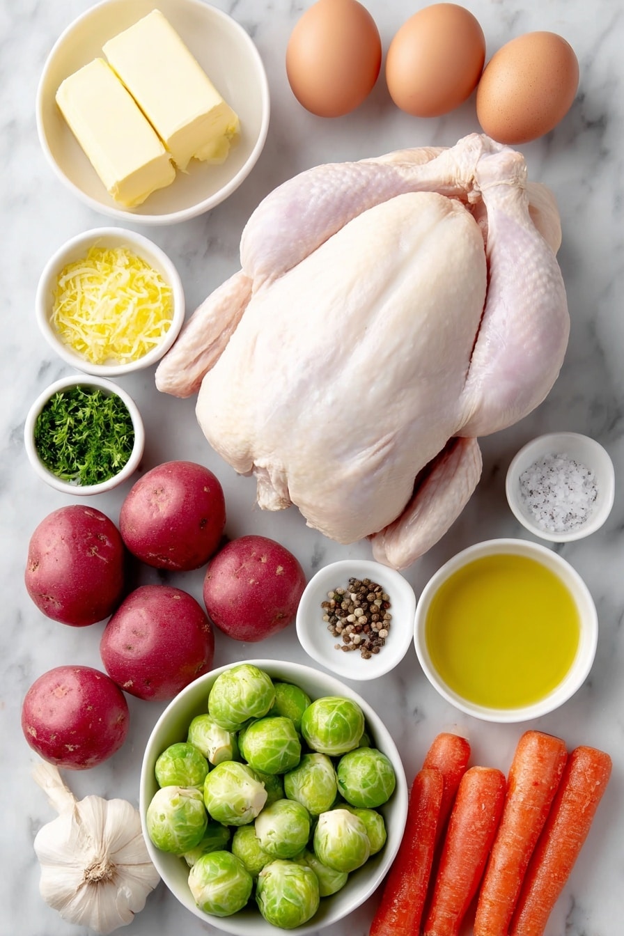 Flat lay of a whole raw chicken with pale pink skin, two whole brown eggs with clean shells, a small white bowl of softened pale yellow butter, a small white bowl of golden olive oil, a small white bowl of bright green finely chopped parsley, two whole garlic cloves with papery white skin, a small white bowl of fresh yellow lemon zest, a small white bowl of pale yellow lemon juice, a small white bowl of coarse sea salt crystals, a small white bowl of black peppercorns, several medium-sized red potatoes quartered with smooth red skin, three medium peeled orange carrots quartered lengthwise, a handful of bright green halved Brussels sprouts, all arranged symmetrically on simple white ceramic bowls and plates, placed on a clean white marble surface, soft natural light, photo taken with an iPhone, professional food photography style, fresh ingredients, white ceramic bowls, no bottles, no duplicates, no utensils, no packaging --ar 2:3 --v 7 --p m7354615311229779997 - Juicy Spatchcock Chicken with Roasted Vegetables, spatchcock chicken recipe, roasted chicken dinner, easy chicken recipes, healthy roasted chicken