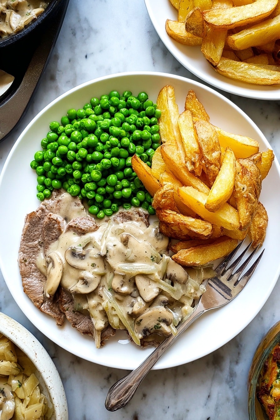 A white round plate holds three main parts: on the left side, two thin slices of cooked meat covered with a creamy beige mushroom and onion sauce, showing visible mushroom slices and onion strands; in the center right, a bright green pile of peas, shiny and round; at the bottom right, a stack of golden-brown potato wedges with crispy edges. A silver fork rests diagonally across the top right edge of the plate on a white marbled surface. Nearby dishes with similar food are partially visible around the plate. photo taken with an iphone --ar 2:3 --v 7 - Creamy Mushroom Hunters Sauce, mushroom sauce, creamy mushroom sauce, mushroom recipes, easy mushroom sauce