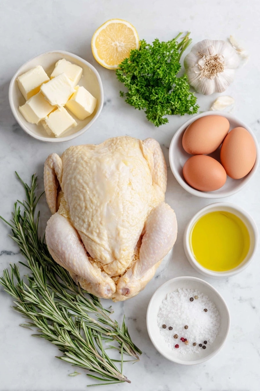 Flat lay of a whole raw chicken with golden skin resting, a few sprigs of fresh rosemary with vibrant green needles, a head of garlic halved horizontally revealing tightly packed cloves, a small bunch of bright green fresh parsley, two lemon wedges with juicy pulp, two brown whole uncracked eggs, a small white bowl filled with clear golden olive oil, a small white bowl with glossy unsalted butter chunks, a small white bowl holding clear golden pan drippings, a small white bowl containing pale white chicken stock, a small white bowl with pale white corn starch powder, a small white bowl of pale amber white wine, coarse sea salt crystals, and freshly cracked black peppercorns artfully scattered, all placed on a clean white marble surface, soft natural light, photo taken with an iPhone, professional food photography style, fresh ingredients, white ceramic bowls, no bottles, no duplicates, no utensils, no packaging --ar 2:3 --v 7 --p m7354615311229779997 - Cast Iron Roast Chicken with Pan Gravy, perfect roast chicken, crispy skin chicken recipe, homemade chicken gravy, easy cast iron chicken