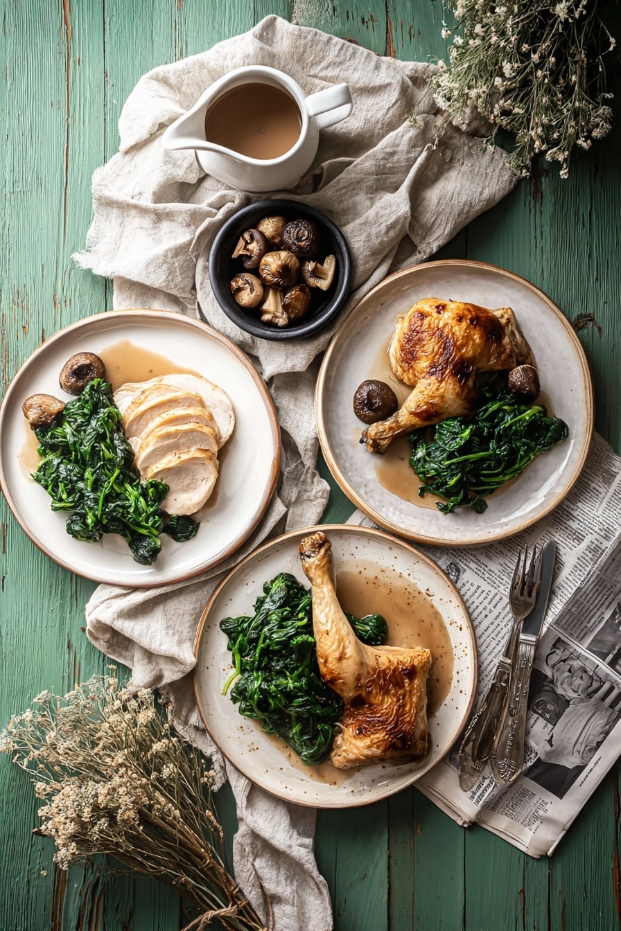 Three white plates sit on a green wooden surface, each with cooked chicken, steamed spinach, and a small black bowl of roasted mushrooms. The top right plate has a whole chicken leg with brown skin, green spinach on the lower side, and the mushroom bowl beside the leg. The plate on the left shows a chicken leg with three sliced pieces facing the spinach. The bottom plate displays several slices of chicken breast with a pile of spinach next to it, and the black bowl of mushrooms rests on the plate edge. A light beige cloth is loosely placed near the top center, and a white ceramic sauce pitcher filled with brown gravy rests on a folded newspaper near the bottom right, with two forks lying nearby. Dried plants decorate the upper left corner. photo taken with an iphone --ar 2:3 --v 7 - Cast Iron Roast Chicken with Pan Gravy, perfect roast chicken, crispy skin chicken recipe, homemade chicken gravy, easy cast iron chicken