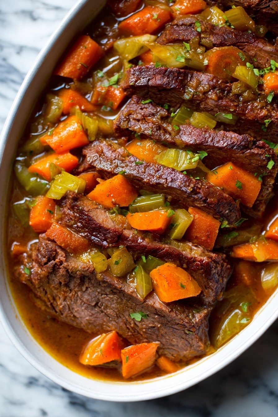 The image shows a close-up of a stew with several layers of tender brown meat slices on the bottom, covered by a thick layer of cooked orange carrot pieces and green celery chunks. The dish is filled with a rich, glossy brown sauce that coats all the ingredients, creating a warm and hearty appearance. The background surface is a white marbled texture. photo taken with an iphone --ar 2:3 --v 7 - Jewish Braised Brisket, Braised Brisket Recipe, Jewish Meat Dishes, Slow-Cooker Brisket, Comforting Jewish Recipes