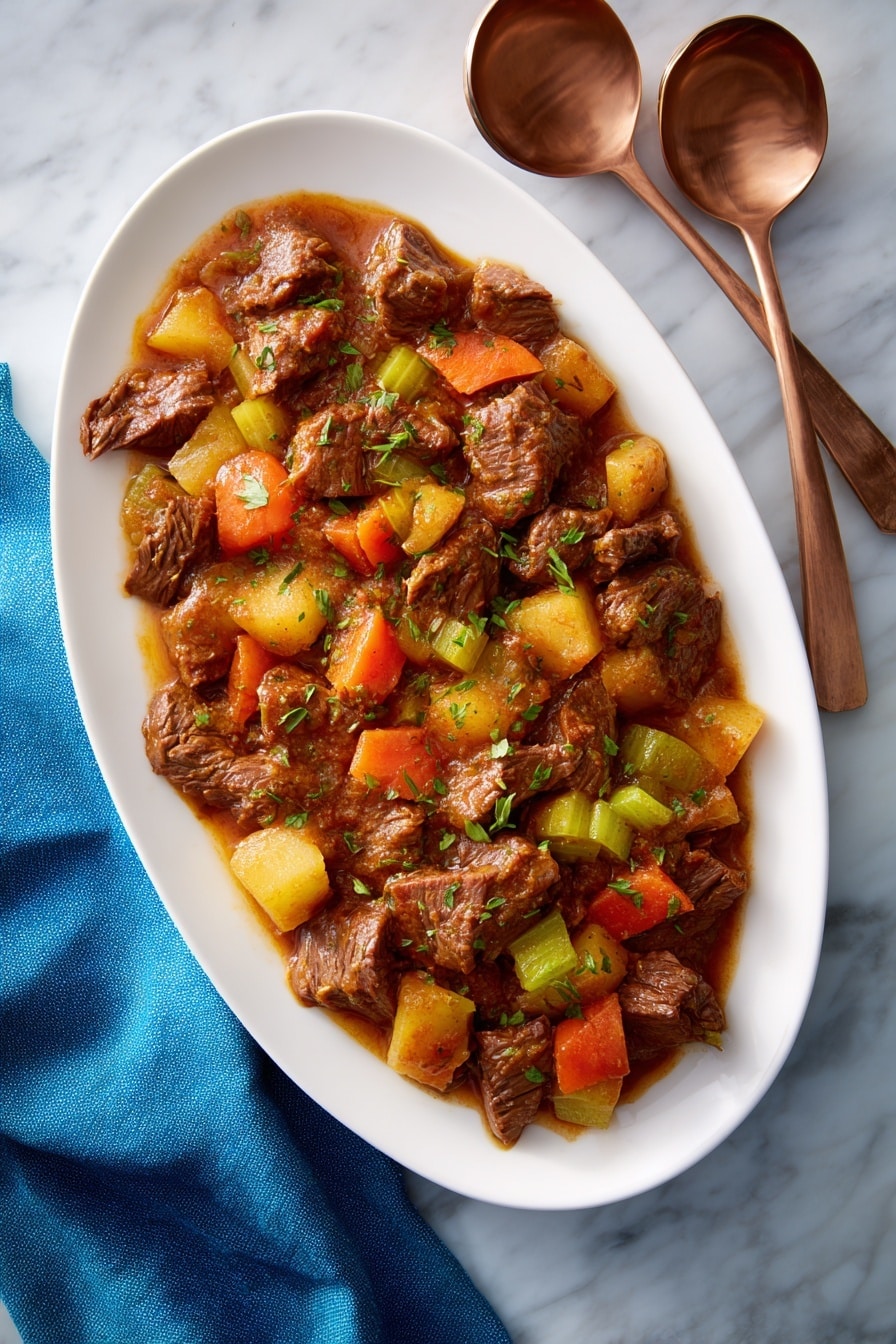 A white oval plate holds a stew made of brown cooked meat pieces mixed with soft orange carrot chunks and pale green celery pieces, all covered in a thick brown sauce with visible small green herb bits on top. The dish sits on a white marbled surface with a blue cloth napkin and two copper serving spoons nearby. photo taken with an iphone --ar 2:3 --v 7 - Jewish Braised Brisket, Braised Brisket Recipe, Jewish Meat Dishes, Slow-Cooker Brisket, Comforting Jewish Recipes