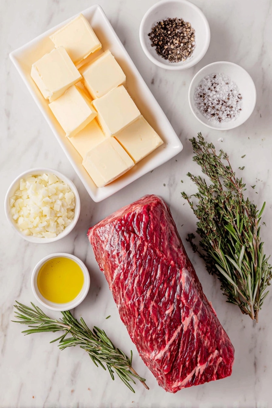Flat lay of a whole trimmed beef tenderloin, two small neat piles of coarse salt and freshly ground black pepper, a small white bowl of golden avocado oil, a white ceramic dish with three softened salted butter cubes, a small white bowl of finely minced fresh garlic, a small white bowl with smooth creamy prepared horseradish, a few sprigs of fresh rosemary with some leaves minced and scattered, all arranged symmetrically on a clean white marble surface, soft natural light, photo taken with an iPhone, professional food photography style, fresh ingredients, white ceramic bowls, no bottles, no duplicates, no utensils, no packaging --ar 2:3 --v 7 --p m7354615311229779997 - Supreme Beef Tenderloin Roast, beef tenderloin roast recipe, easy beef roast, holiday beef roast, tender juicy beef roast