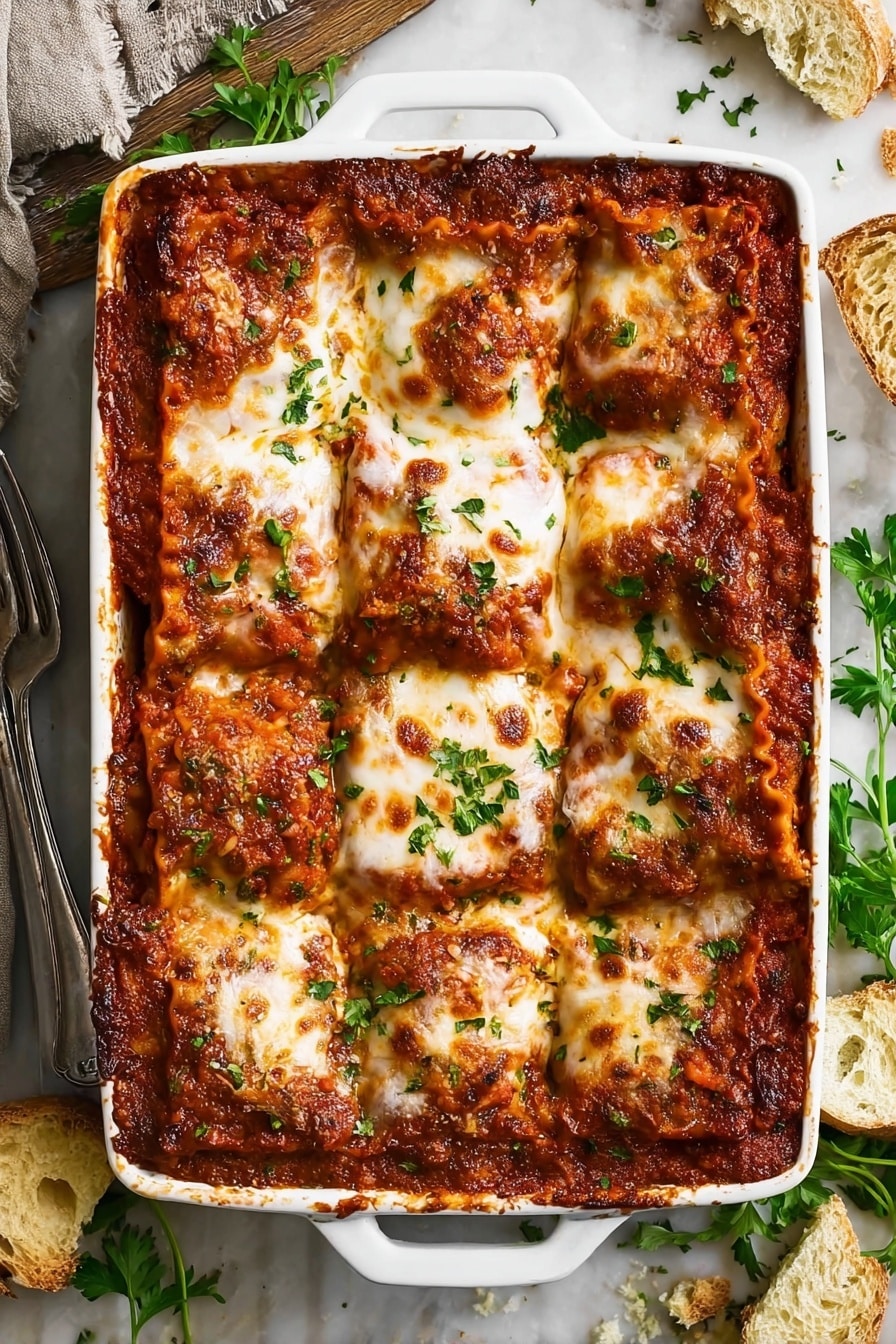 A white rectangular baking dish filled with a nine-piece baked lasagna sits on a white marbled surface, each piece topped with a golden brown melted cheese layer that looks slightly bubbly and crispy around the edges. Below the cheese is a rich red tomato sauce visible around the edges and between the layers, with hints of a thick, meaty filling creating a textured, hearty look under the cheese. Fresh green parsley is sprinkled on top for a touch of color and freshness. Pieces of torn bread and some fresh green herbs surround the dish, adding a rustic feel to the scene. A vintage fork rests to the side, enhancing the homemade vibe. photo taken with an iphone --ar 2:3 --v 7 - Homemade Lasagna with Italian Sausage, Italian Sausage Lasagna Recipe, Classic Italian Lasagna, Beef and Sausage Lasagna, Easy Homemade Lasagna