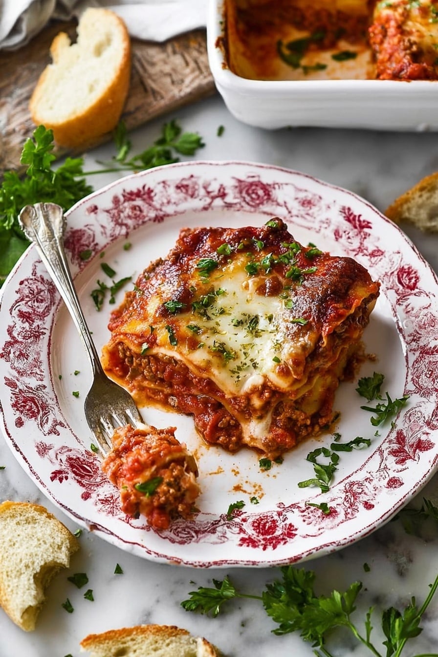 A single square piece of lasagna sits on a white plate with red floral patterns. The lasagna has four visible layers: the top layer is melted golden-brown cheese with some browned spots, below is a thick layer of bright red tomato sauce mixed with meat, followed by a creamy layer of melted cheese, and a base layer of pasta sheets with sauce. Small pieces of chopped green herbs are sprinkled on top for garnish. Next to the lasagna, a fork holds a bite-sized piece with sauce dripping off. Around the plate are torn pieces of white bread and green parsley leaves scattered, all placed on a white marbled surface. In the top right corner, a white casserole dish filled with more lasagna is partially shown. Photo taken with an iphone --ar 2:3 --v 7 - Homemade Lasagna with Italian Sausage, Italian Sausage Lasagna Recipe, Classic Italian Lasagna, Beef and Sausage Lasagna, Easy Homemade Lasagna