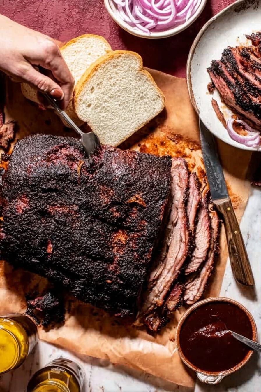 A large piece of dark, grilled meat with a textured, crispy outer layer lies on brown parchment paper, covering most of the white marbled surface. To the top right, thin rings of pale purple onions sit in a small white bowl. Next to the meat, on the left, are five slices of soft, white bread stacked loosely. A woman's hand holds a fork stabbing the meat from the left side, while a knife slices it nearby. On the far right, a white plate holds two pieces of the sliced meat with a small amount of dark sauce beside them. A small bowl filled with thick, dark reddish-brown sauce is placed near the bottom right corner. Photo taken with an iphone --ar 2:3 --v 7 - Texas Smoked Brisket, smoked brisket recipe, authentic BBQ brisket, Texas-style beef brisket, how to smoke brisket