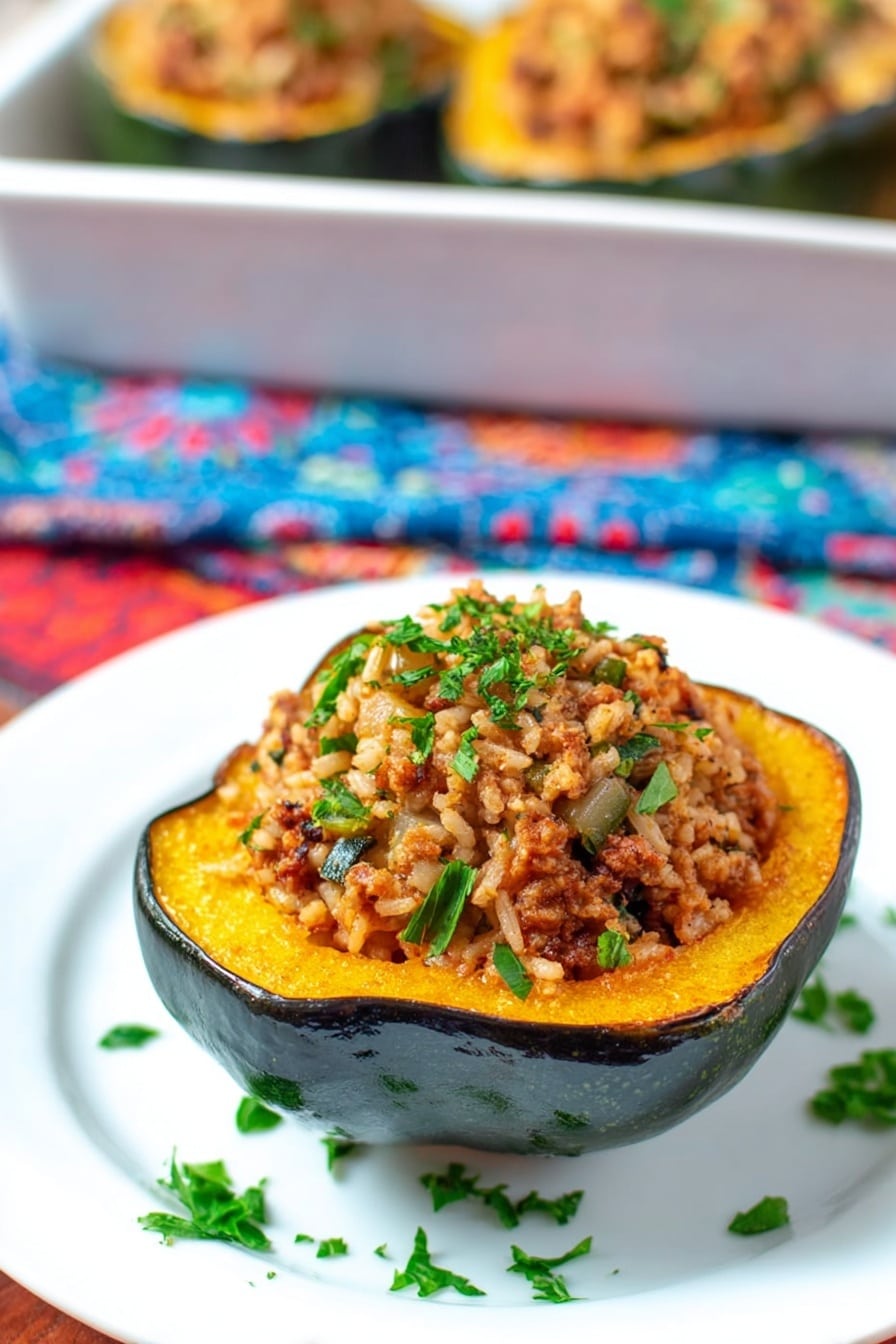 A white plate on a white marbled surface holds one half of a dark green acorn squash filled with a brown and beige rice mixture that includes small bits of vegetables and ground meat, topped with chopped green parsley leaves scattered on top and around the plate. The squash skin frames the bright yellow-orange cooked flesh underneath the rice stuffing. In the blurred background, there is a white baking dish holding other stuffed acorn squash halves. The plate rests on a colorful blue, red, and white patterned cloth. photo taken with an iphone --ar 2:3 --v 7 - Moroccan Stuffed Acorn Squash, stuffed acorn squash recipe, Moroccan squash dish, fall roasted squash recipes, spiced stuffed squash