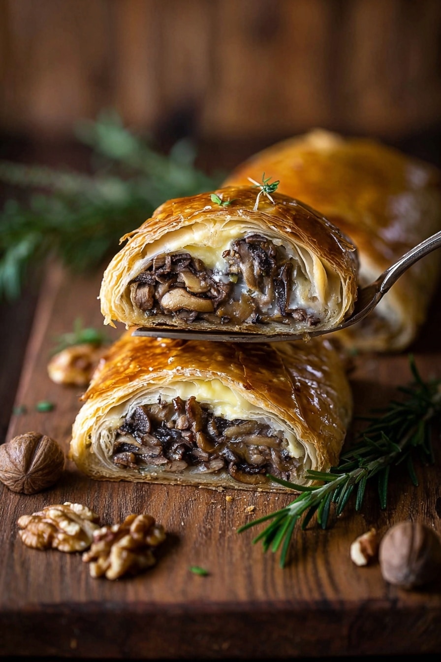 A golden-brown puff pastry filled with a dark mushroom mixture is shown on a wooden board. The whole pastry is cut into two pieces, with each piece revealing layers of flaky crust and a moist, textured mushroom filling inside. Two small sprigs of fresh green rosemary rest on top of the pastry and the cut pieces. Near the bottom right of the board, a small pile of brown pecan nuts adds contrast. A golden spatula is placed under one pastry slice on the left, and a navy blue cloth is to the upper left. The background is a white marbled texture photo taken with an iphone --ar 2:3 --v 7 - Vegan Mushroom Wellington with Pecans, Vegan Mushroom Wellington, Plant-Based Mushroom Wellington, Holiday Vegan Wellington, Vegetarian Mushroom Wellington