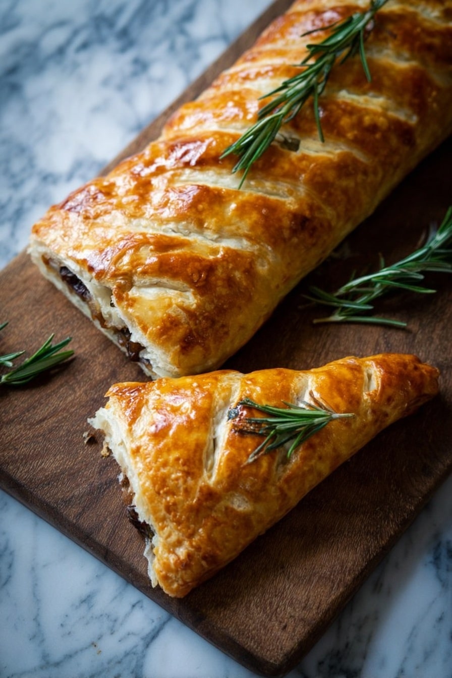 The image shows a golden brown baked pastry with a glossy surface, resting on a wooden board. The pastry is long and rectangular, with slits cut in a diagonal pattern along the top layer, revealing a dark filling inside. One smaller, triangular piece is cut from the pastry and placed in front, topped with a small green rosemary sprig. Another longer rosemary sprig lies across the top of the whole pastry. The background surface has a white marbled texture. photo taken with an iphone --ar 2:3 --v 7 - Vegan Mushroom Wellington with Pecans, Vegan Mushroom Wellington, Plant-Based Mushroom Wellington, Holiday Vegan Wellington, Vegetarian Mushroom Wellington