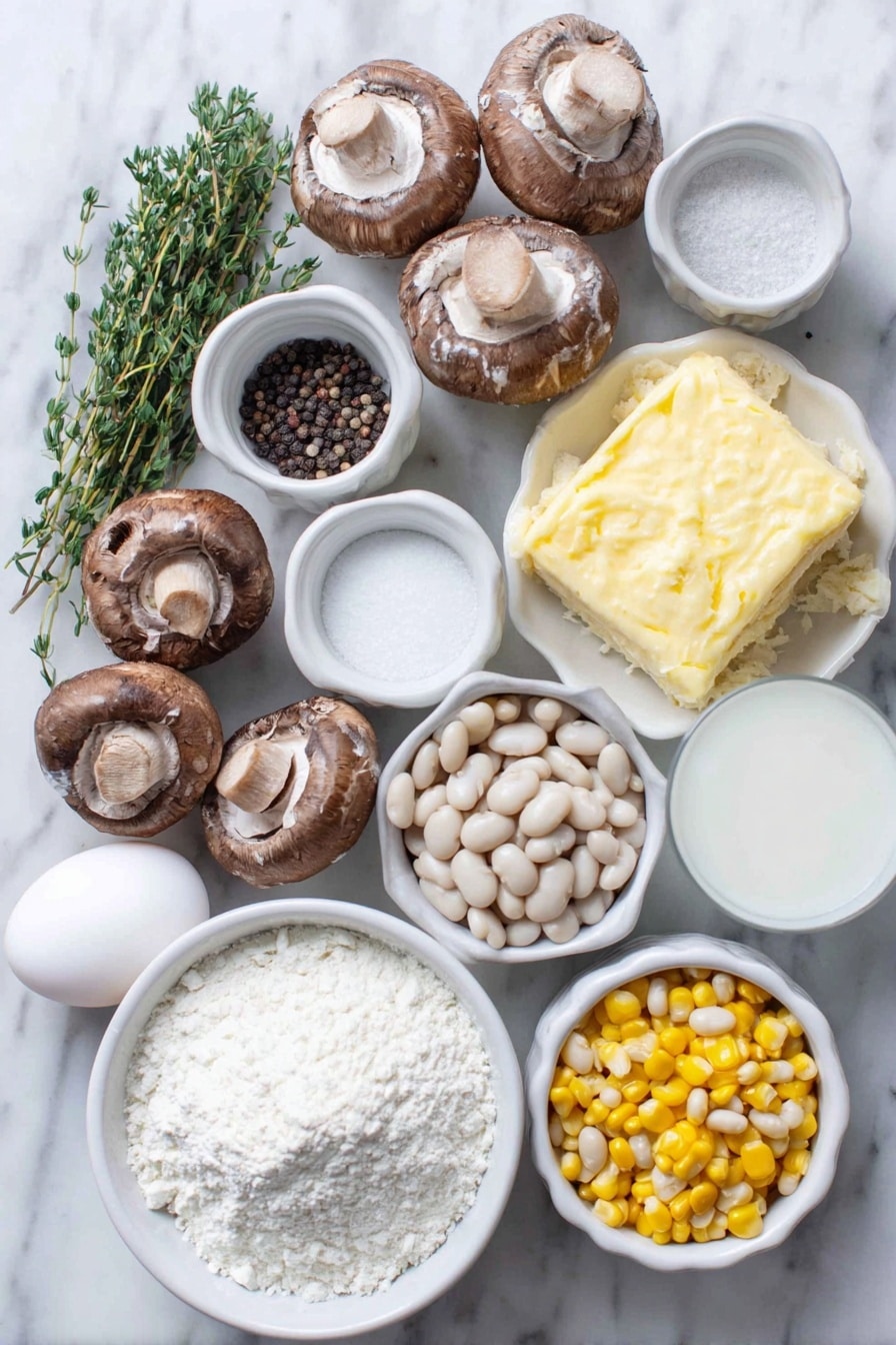 Flat lay of fresh cremini mushrooms sliced, a small mound of finely chopped yellow onion, three whole uncracked garlic cloves, a few bright green sprigs of fresh thyme leaves, a small white bowl with coarse kosher salt, a small white bowl with black peppercorns, a small white bowl of all-purpose flour, a small white bowl of whole milk, a small white bowl of clear vegetable broth, a handful of partially thawed mixed vegetables including carrots, peas, and corn, a small pile of rinsed white navy beans, a small mound of grated Parmesan cheese, a simple round unbaked pie crust, a single whole uncracked brown egg placed next to a small white bowl with water for the egg wash, placed on a clean white marble surface, soft natural light, photo taken with an iPhone, professional food photography style, fresh ingredients, white ceramic bowls, no bottles, no duplicates, no utensils, no packaging --ar 2:3 --v 7 --p m7354615311229779997 - Creamy Vegetable Pot Pie, vegetarian pot pie, easy vegetable pot pie, comforting veggie dinner, healthy vegetable pie