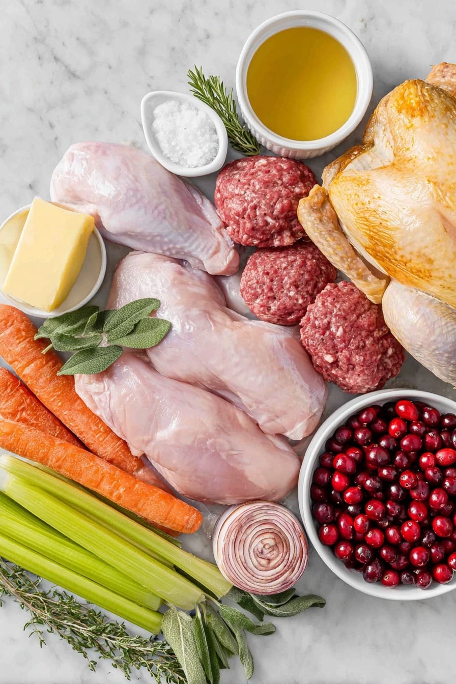 Flat lay of a whole raw turkey with golden skin, two plump boneless skinless chicken breasts, two pink boneless skinless chicken thighs, two glossy boneless skinless duck breasts, two boneless duck legs without skin and bones, a small white ceramic bowl filled with water, a small white ceramic bowl with rich golden chicken broth, a rustic mound of coarse salt crystals, a coil of raw pork sausage, a half stick of pale yellow butter, three fresh celery ribs with bright green leaves, one small round yellow onion, one vibrant orange carrot, five fresh green sage leaves, a small bunch of fresh thyme sprigs, two packages of rustic cornbread slices stacked neatly, and a small white ceramic bowl overflowing with fresh red cranberries – all arranged in perfect symmetry on a clean white marble surface, soft natural light, photo taken with an iPhone, professional food photography style, fresh ingredients, white ceramic bowls, no bottles, no duplicates, no utensils, no packaging --ar 2:3 --v 7 --p m7354615311229779997 - Easy Turducken, Turducken with Cornbread Stuffing, Holiday Showstopper, Layered Poultry Dish, Festive Main Course