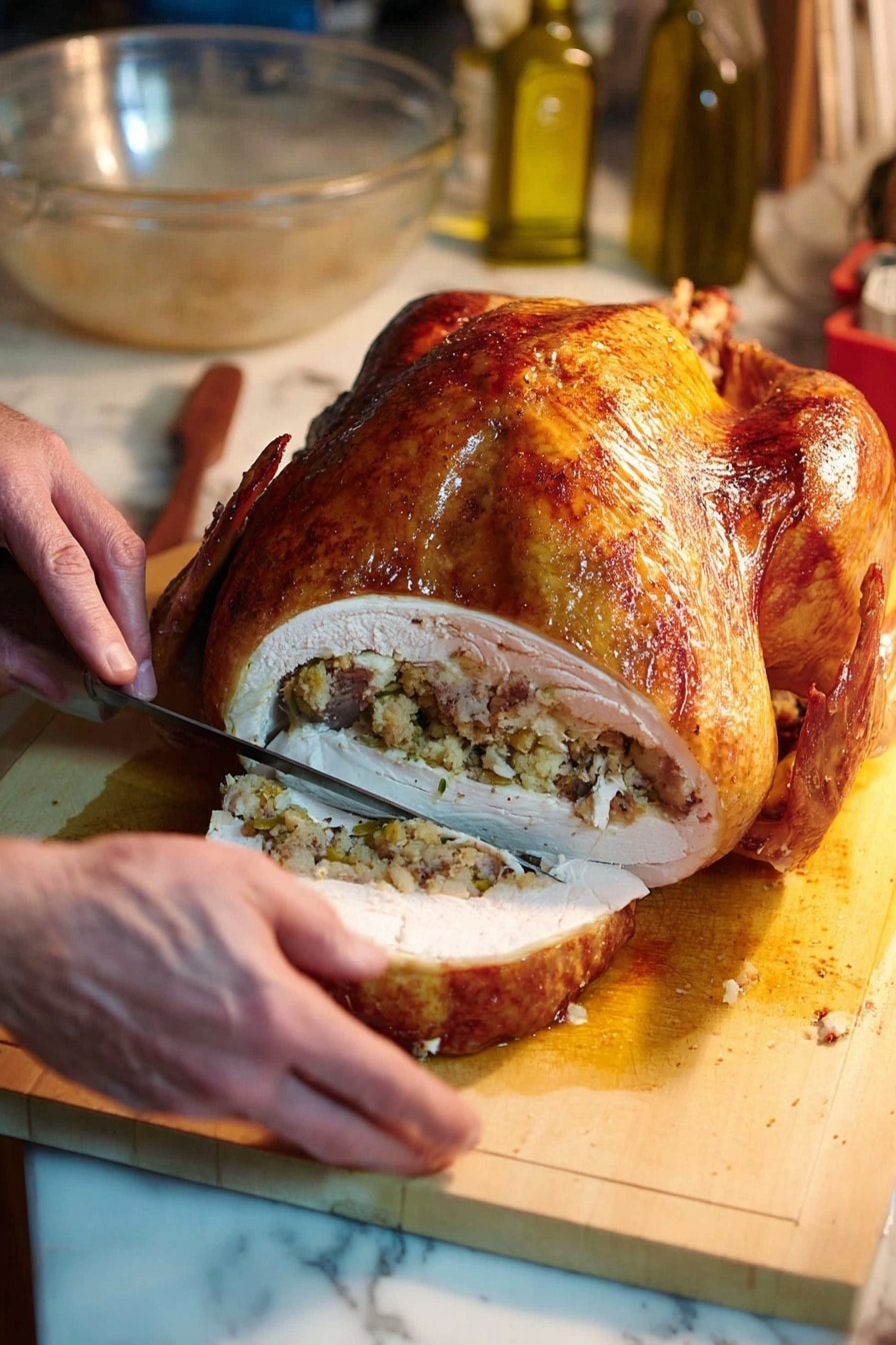 A roasted turkey is open on a wooden board with the skin golden brown and shiny. Inside, there is a thick layer of stuffing with a rough texture, showing bits of vegetables in light brown and orange. Around the stuffing inside, several slices of white turkey meat are neatly laid out, soft and juicy in appearance, while the turkey wings and legs remain attached and have a crispy, darker brown skin. The background shows a clear measuring cup and some kitchen items on a white marbled surface. A large knife with a dark handle lies next to the turkey. Photo taken with an iphone --ar 2:3 --v 7 - Easy Turducken, Turducken with Cornbread Stuffing, Holiday Showstopper, Layered Poultry Dish, Festive Main Course