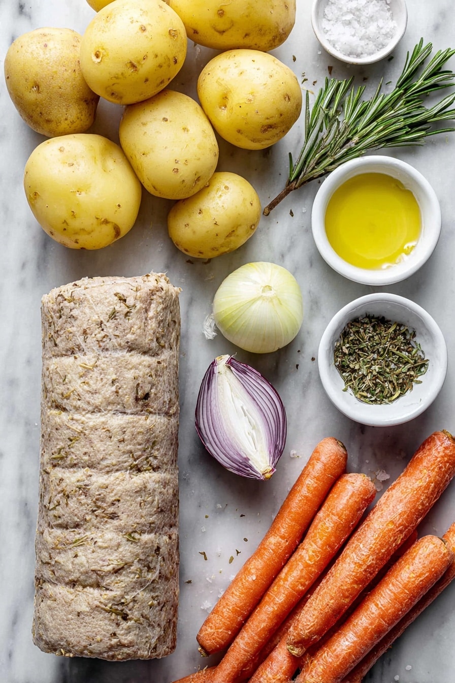 Flat lay of a whole unwrapped Tofurky roast with a natural textured surface, several large chunks of raw Yukon Gold potatoes with their golden yellow skin, two large bright orange carrots cut into large chunks, one small yellow onion halved to show its layers, five peeled large garlic cloves, a few sprigs of fresh green rosemary, fresh chopped rosemary scattered neatly, a small white ceramic bowl filled with golden olive oil, and a small white ceramic bowl containing coarse salt, all ingredients fresh and natural, perfectly arranged with balanced spacing and symmetry, placed on a clean white marble surface, soft natural light, photo taken with an iPhone, professional food photography style, fresh ingredients, white ceramic bowls, no bottles, no duplicates, no utensils, no packaging --ar 2:3 --v 7 --p m7354615311229779997 - Vegan Tofurky Roast with Roasted Vegetables, plant-based holiday main dish, vegan roast recipe, vegetarian holiday centerpiece, easy vegan dinner ideas