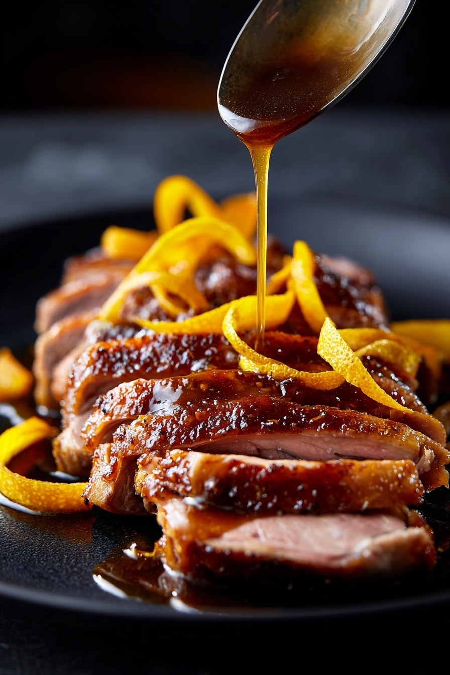 The dish shows several thick slices of cooked duck with brown, crispy skin on top and light pinkish meat inside, arranged close together on a black plate. Thin orange peel strips lie on the duck slices. A spoon pours a glossy brown sauce over the duck and orange peel, adding shine to the meat. The background is dark and blurry, making the duck the focus. photo taken with an iphone --ar 2:3 --v 7 - Sweet and Savory Duck à l'Orange, Duck à l'Orange recipe, French duck recipes, orange sauce duck, easy duck dinner