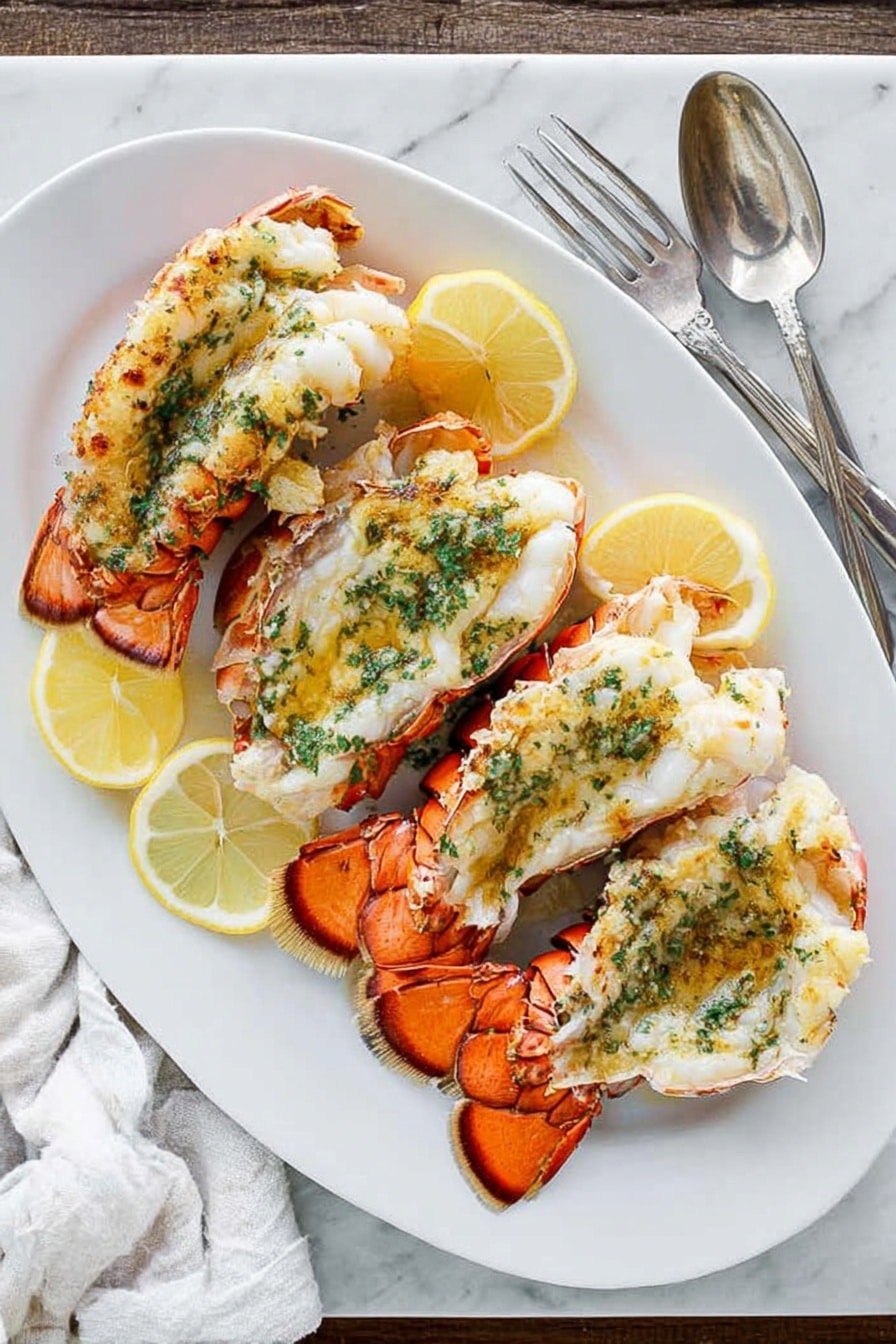 A white oval plate holds three lobster tails arranged side by side, each with a bright orange shell visible at the back and white meat topped with a golden, slightly browned herb butter sauce sprinkled with green herbs. Between and around the lobster tails are several lemon wedges adding a soft yellow color. The plate sits on a white marbled surface, next to a silver spoon and fork on the right side, and a woman's hand slightly visible near a white cloth on the left side. photo taken with an iphone --ar 2:3 --v 7 - Broiled Lobster Tails with Herb Butter, lobster tail recipes, easy lobster tail dinner, seafood main course, luxurious seafood dishes